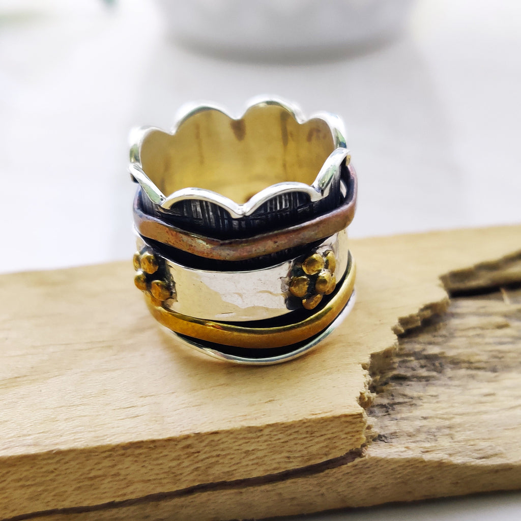 Spinner Ring 925 Sterling Solid Silver Ring Flower Designer Brass Copper Tone Spinner Silver Band Ring Two Tone Ring