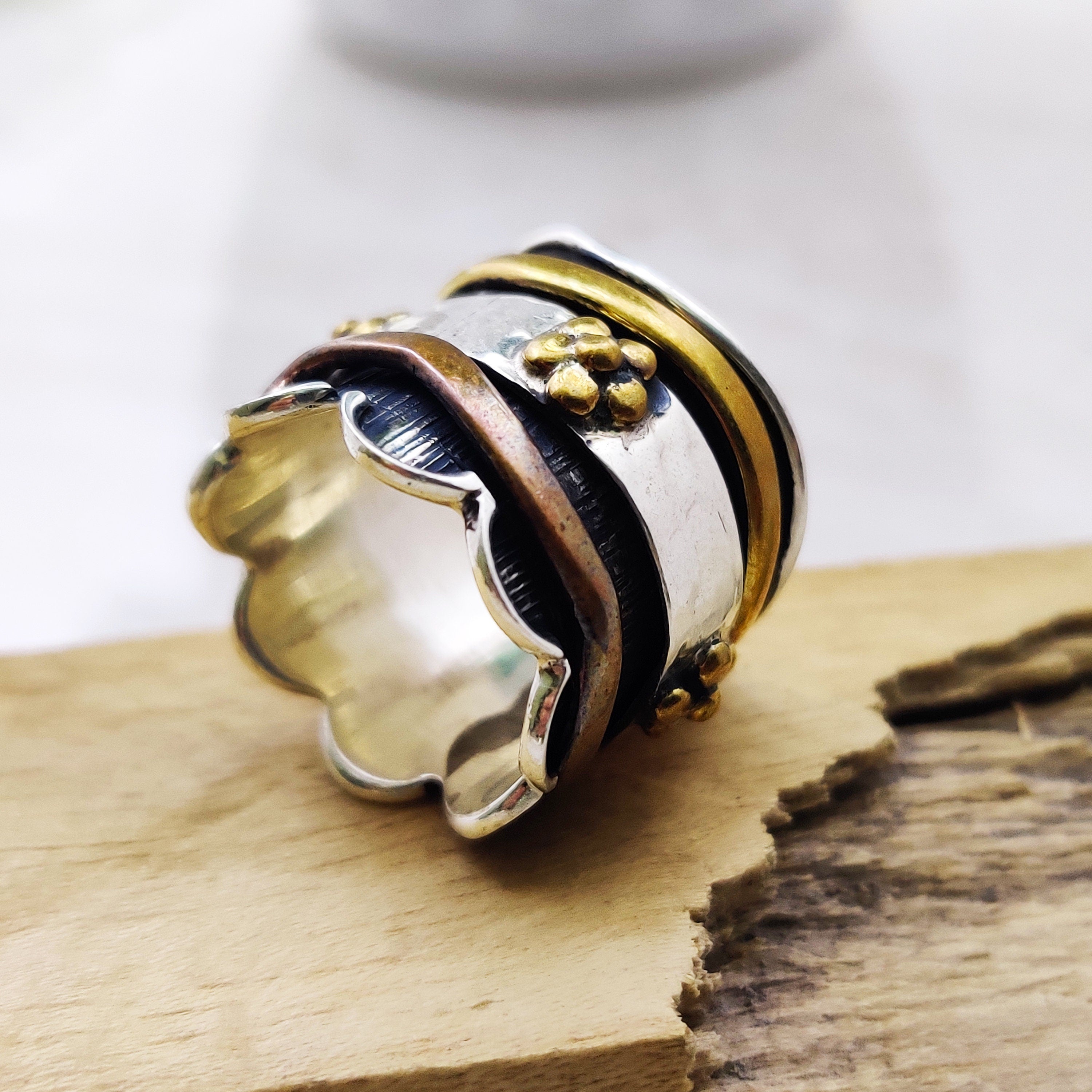 Spinner Ring 925 Sterling Solid Silver Ring Flower Designer Brass Copper Tone Spinner Silver Band Ring Two Tone Ring
