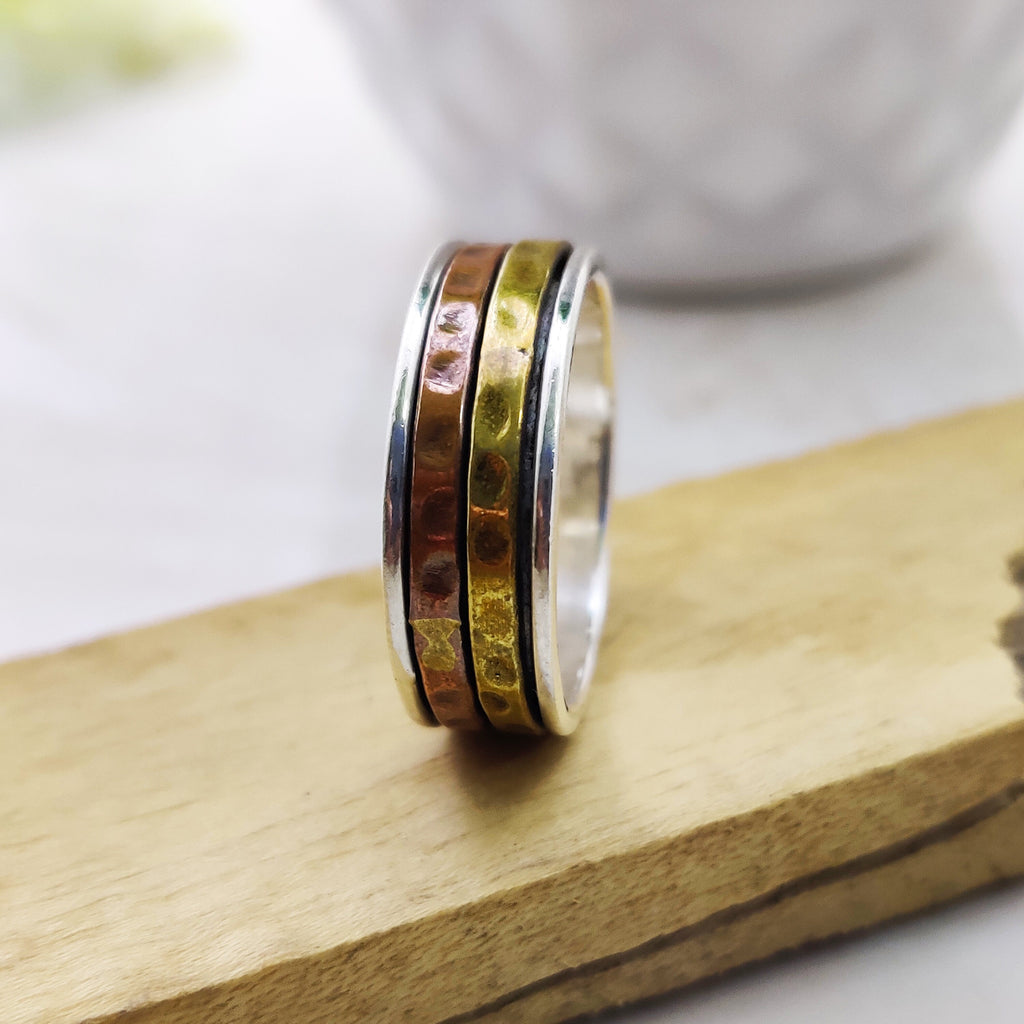 Spinner Ring 925 Sterling Solid Silver Ring Two Spin Ring Brass Copper Tone Spinner Silver Band Ring Two Tone Ring Size 9 3/4