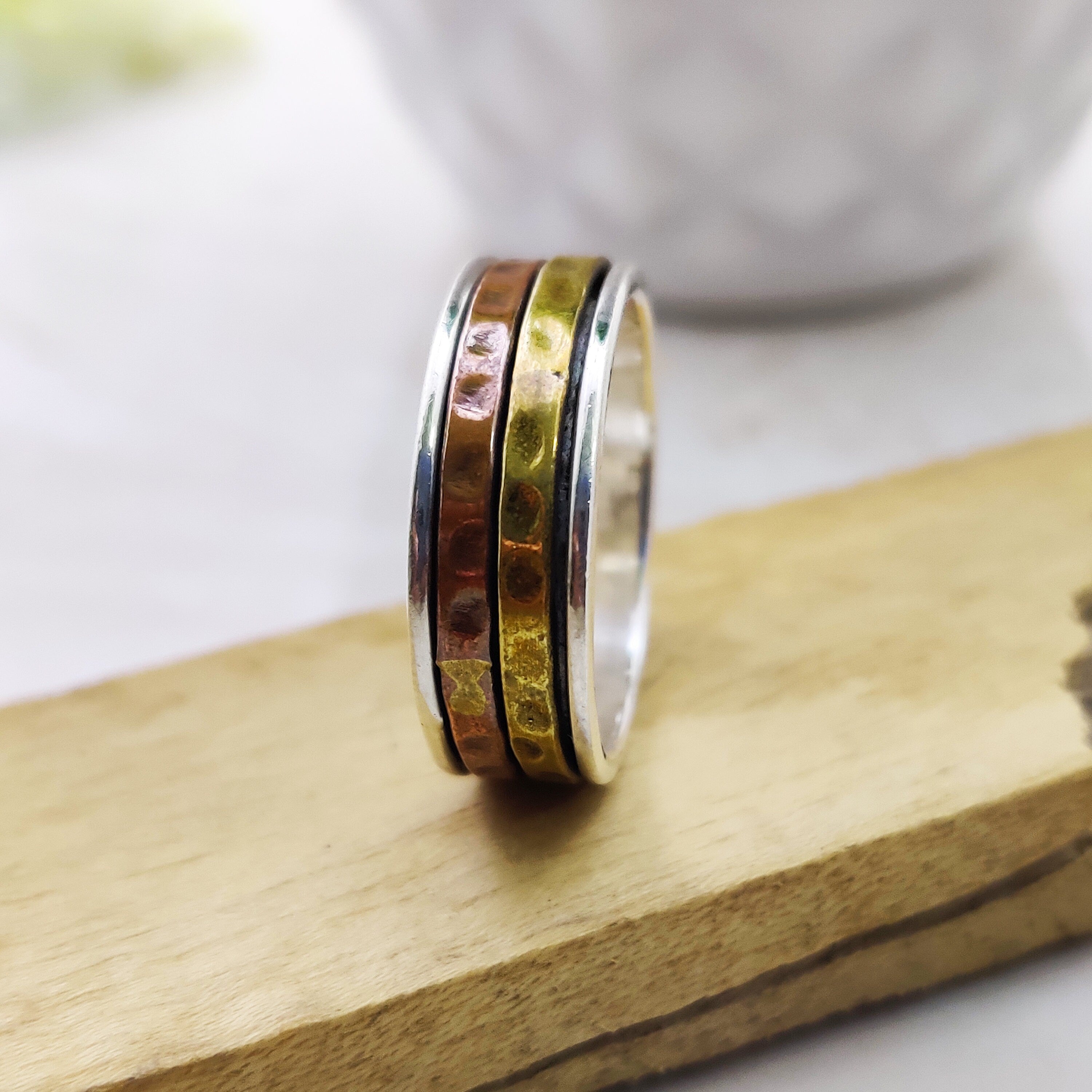 Spinner Ring 925 Sterling Solid Silver Ring Two Spin Ring Brass Copper Tone Spinner Silver Band Ring Two Tone Ring Size 9 3/4