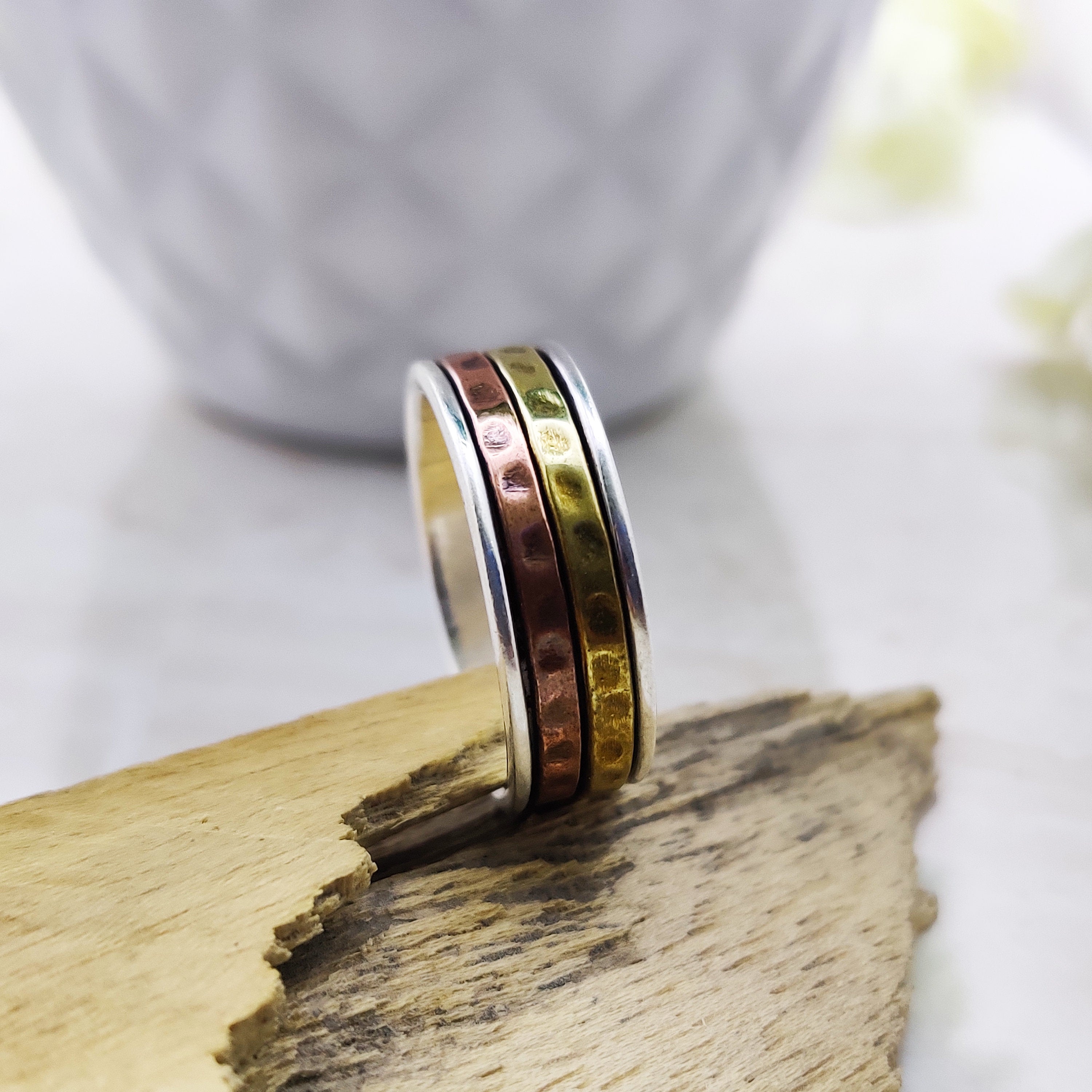 Spinner Ring 925 Sterling Solid Silver Ring Two Spin Ring Brass Copper Tone Spinner Silver Band Ring Two Tone Ring Size 9 3/4