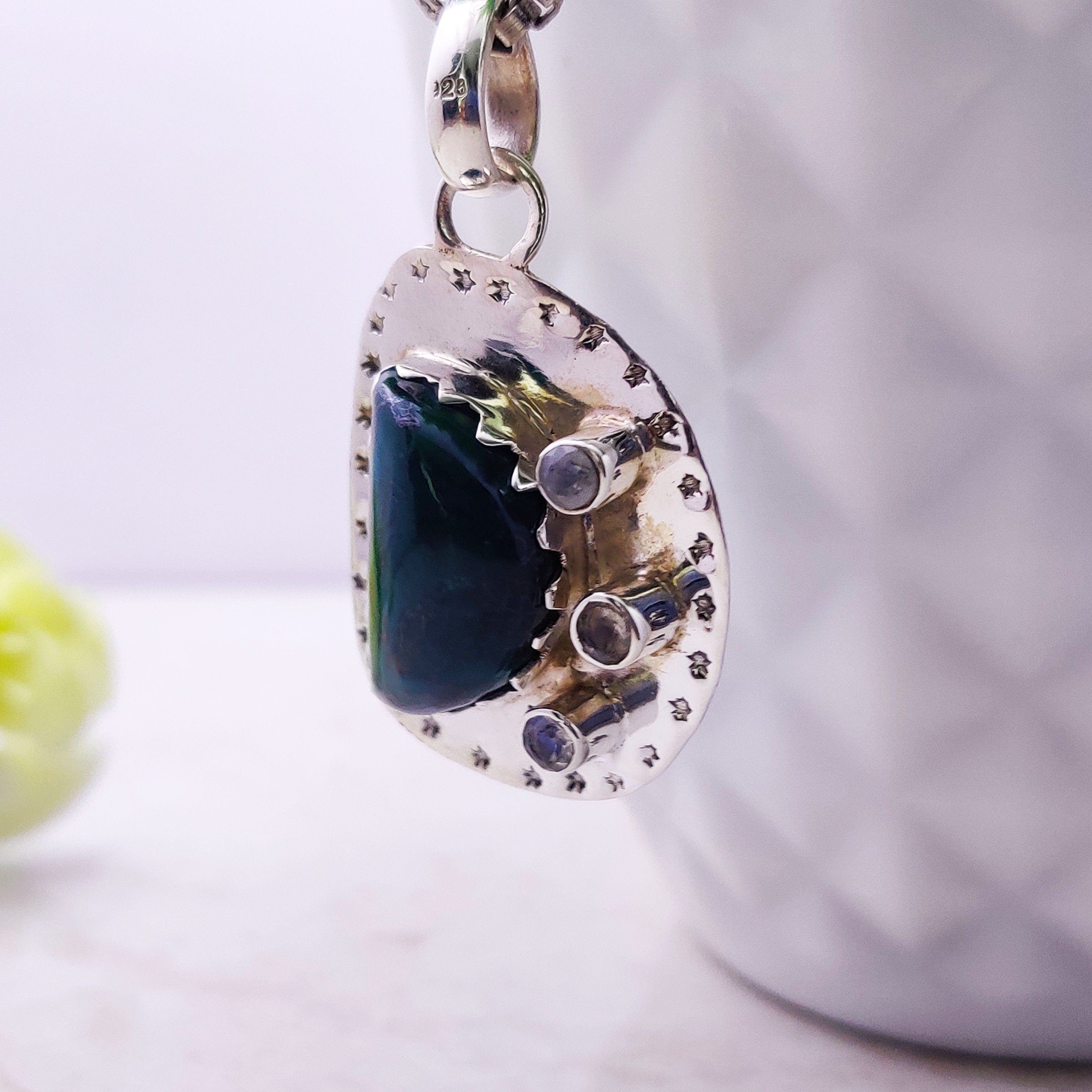 Sterling Silver Natural Azurite With Rainbow Moonstone Raw Stone Druzy Boho  Pendant
