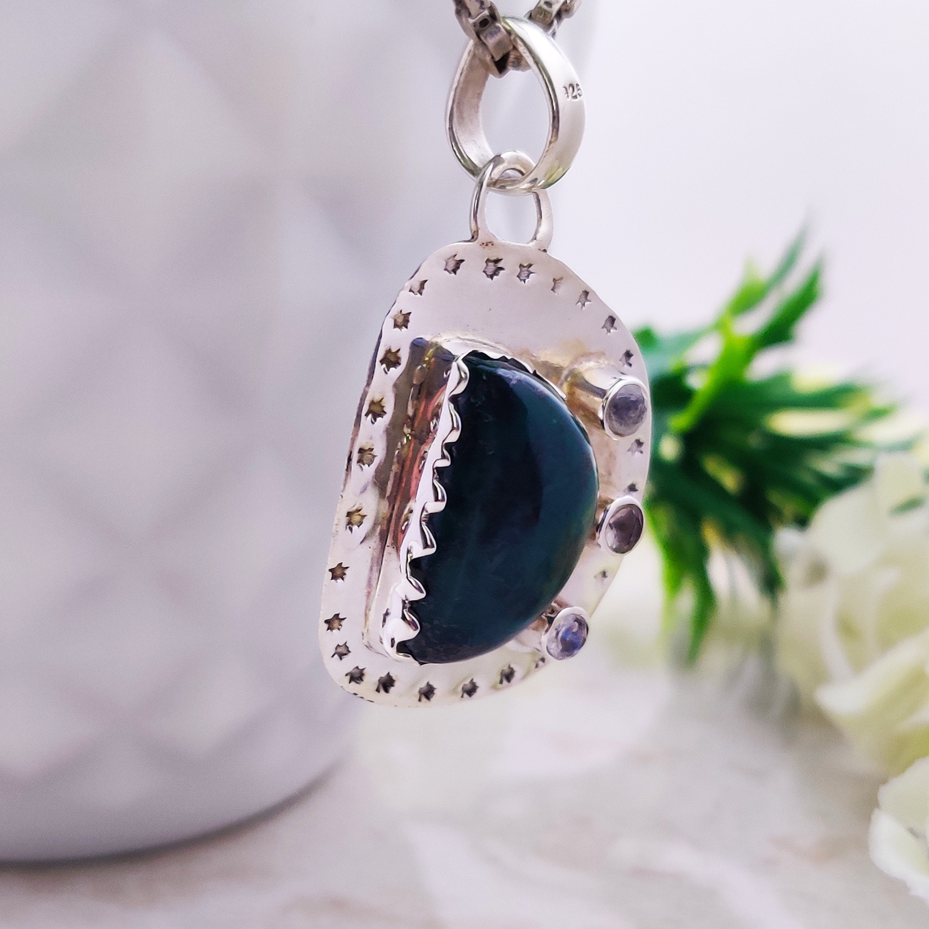 Sterling Silver Natural Azurite With Rainbow Moonstone Raw Stone Druzy Boho  Pendant