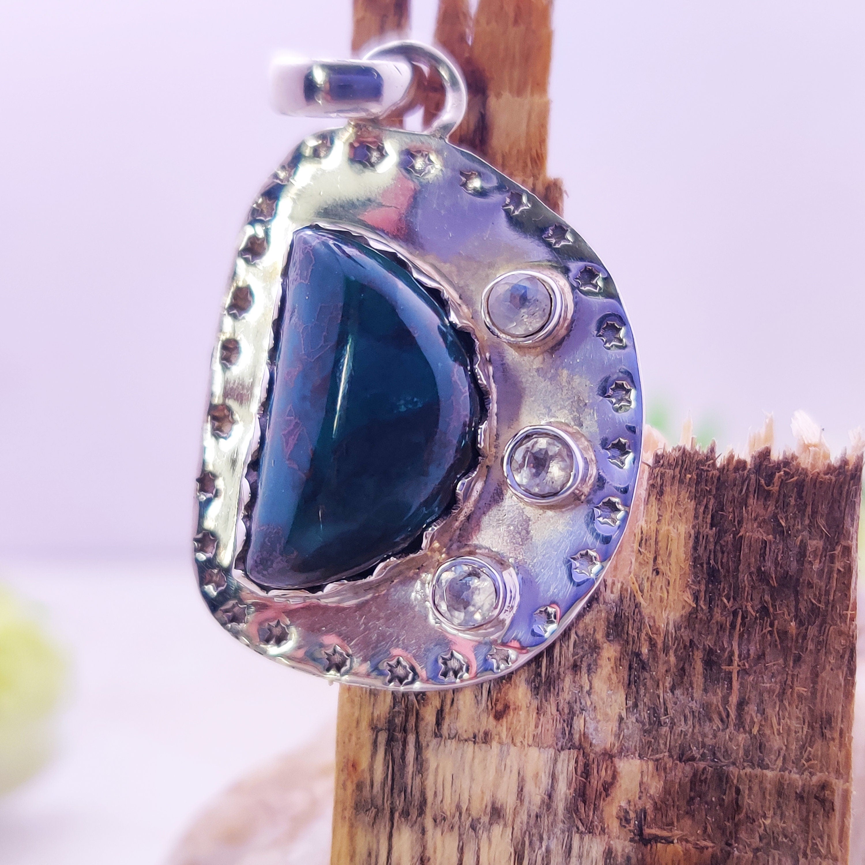 Sterling Silver Natural Azurite With Rainbow Moonstone Raw Stone Druzy Boho  Pendant