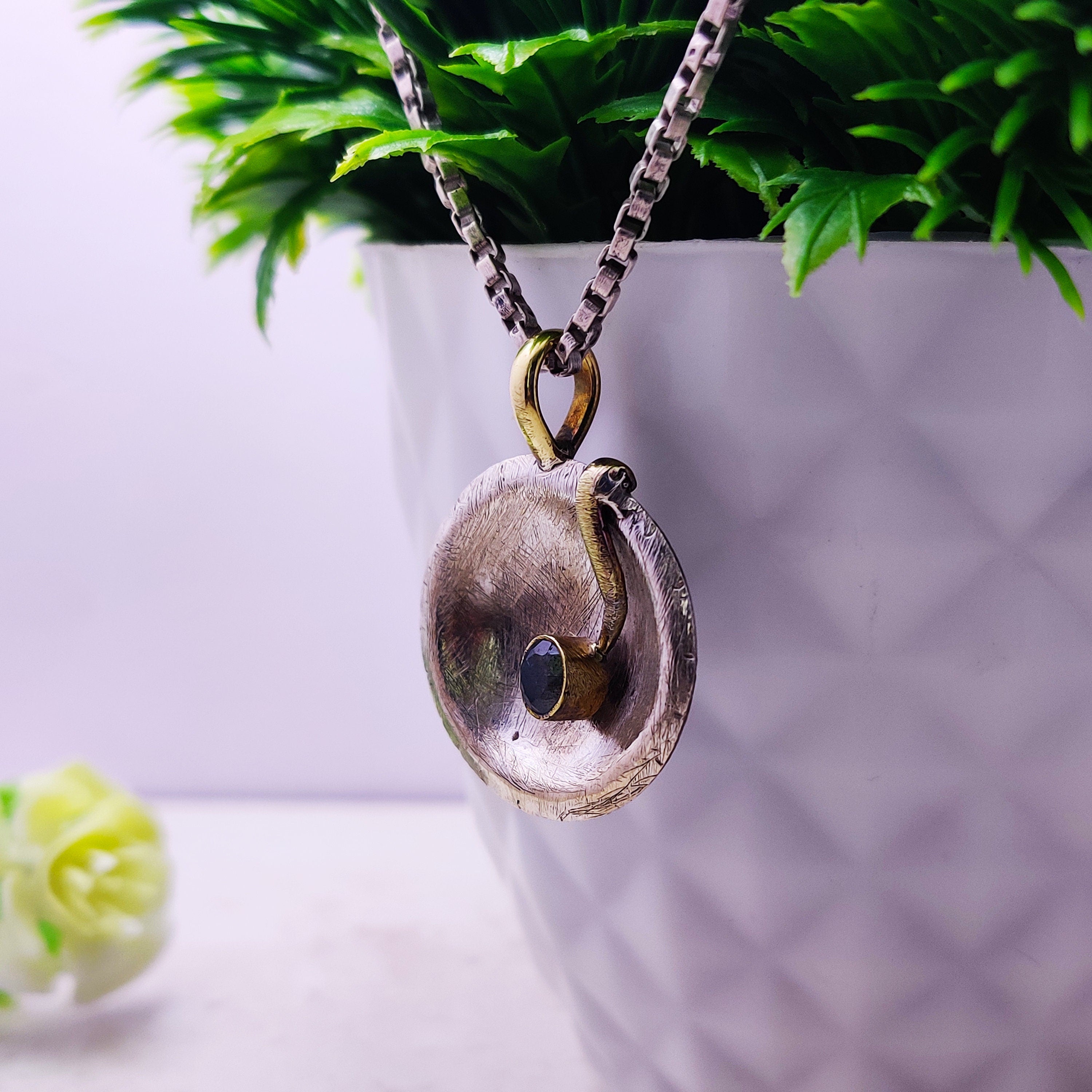 Sterling Silver Natural Blue Topaz Raw Stone Druzy Boho  Pendant