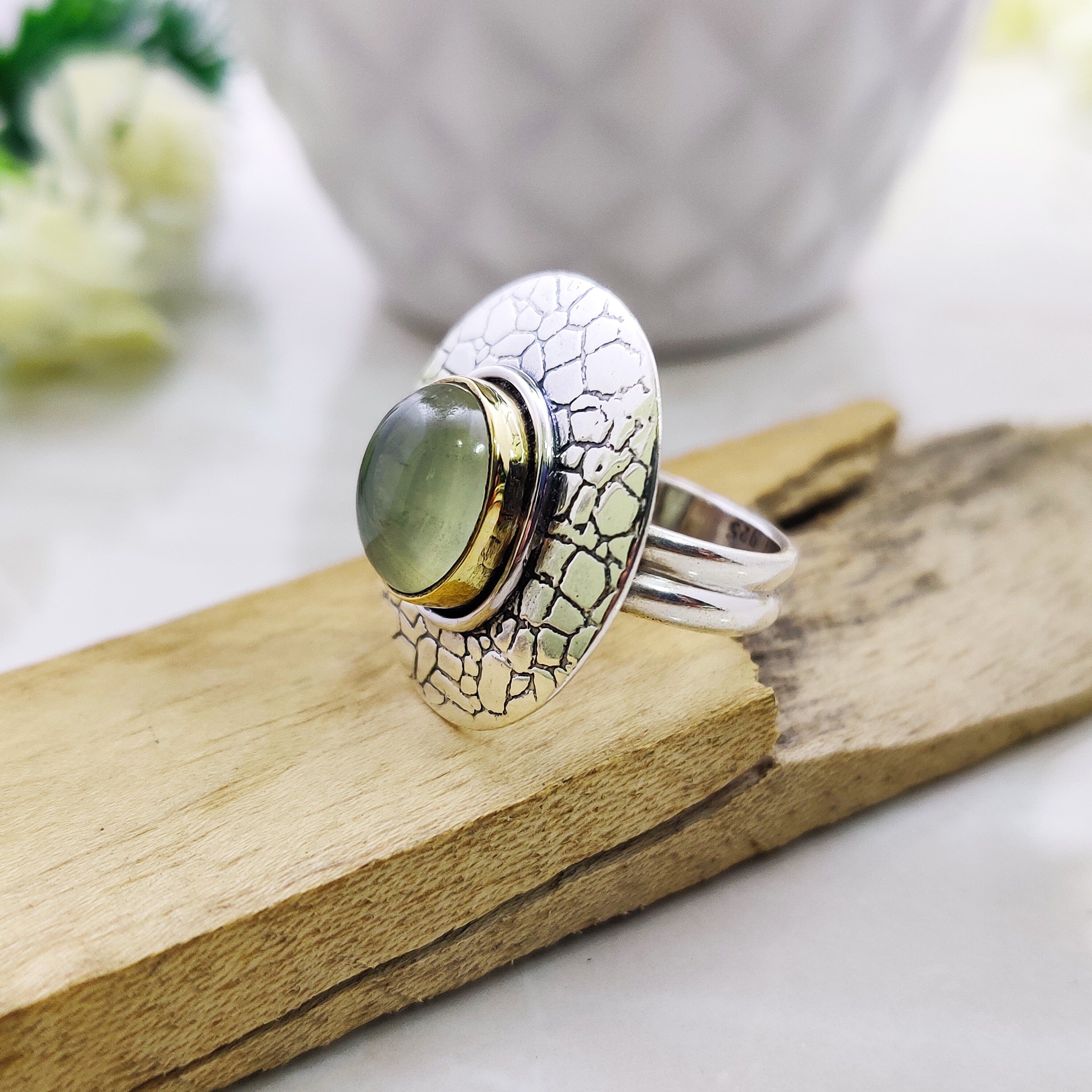 Natural Prinite Round Cabochon Ring Sterling Silver Ring Boho Ring Ring Size 6