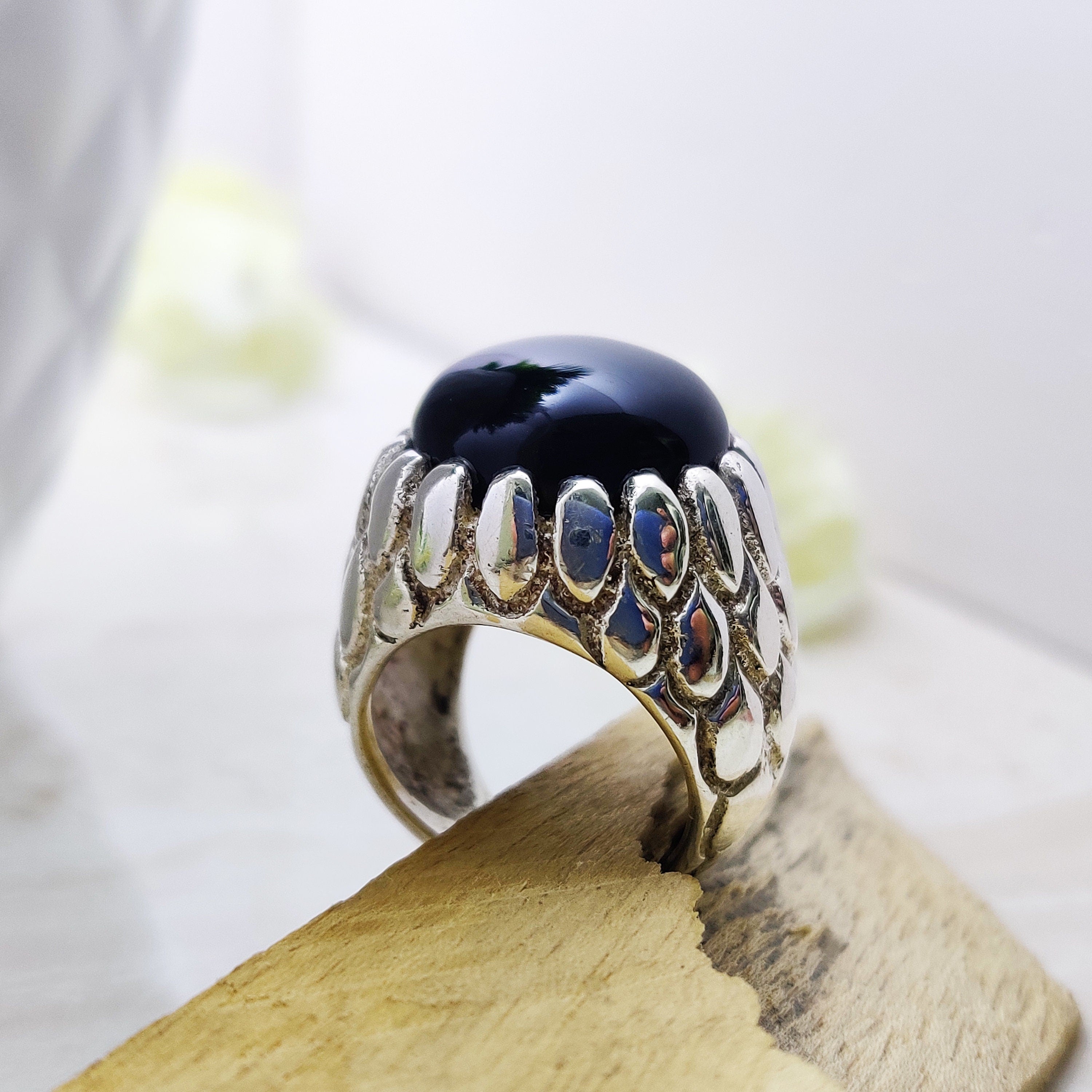 Sterling Silver Natural Black Onyx Round Boho Ring