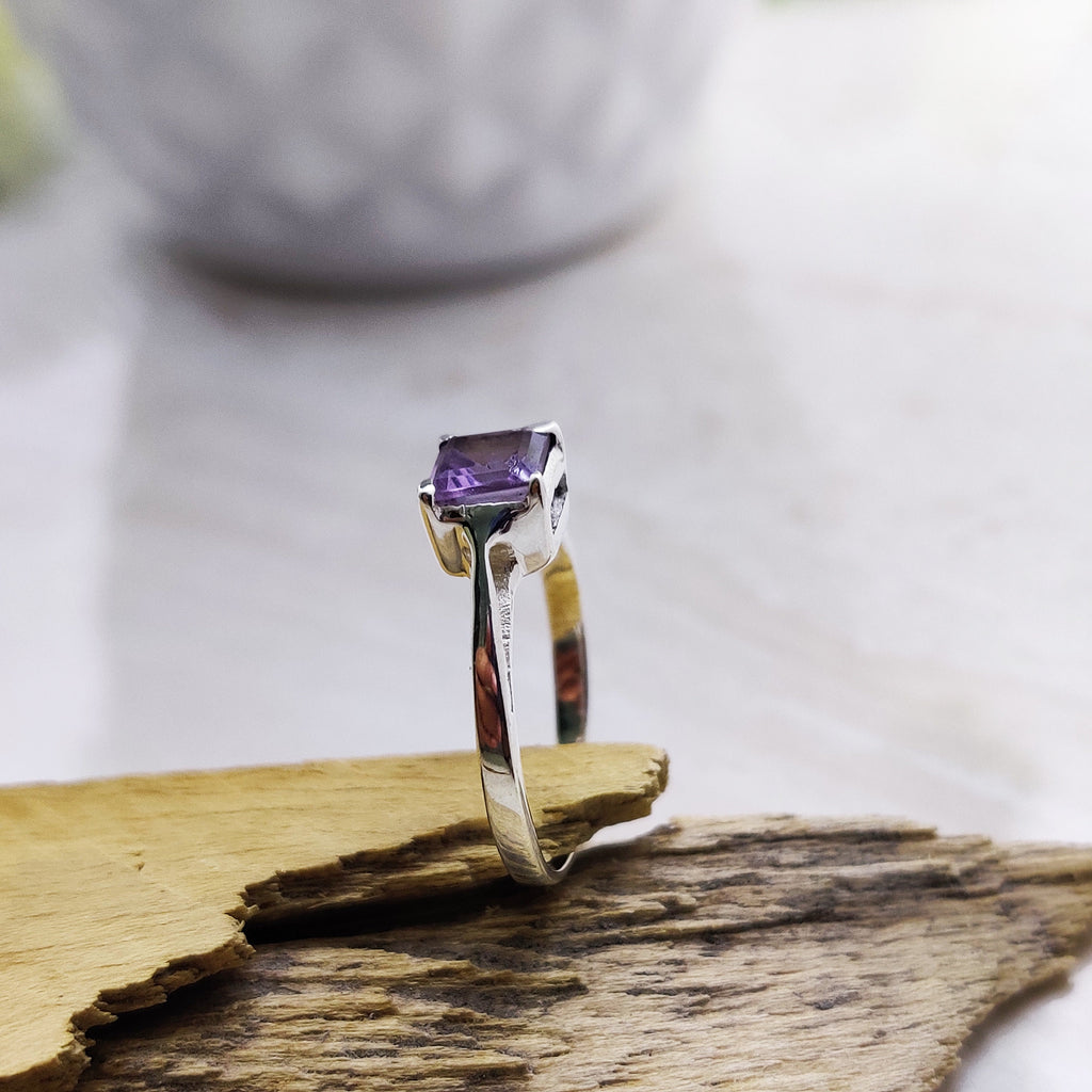 Sterling Silver Natural Amethyst Square Boho Ring