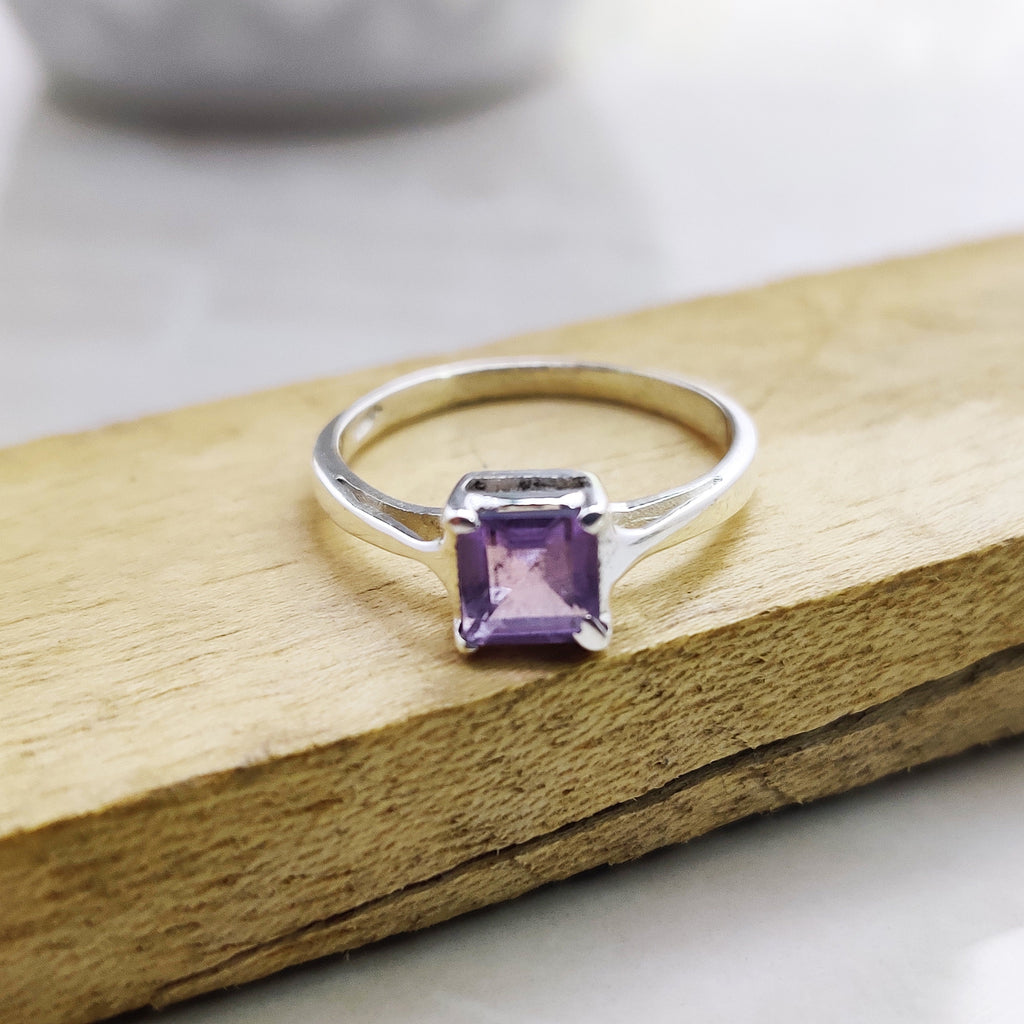 Sterling Silver Natural Amethyst Square Boho Ring