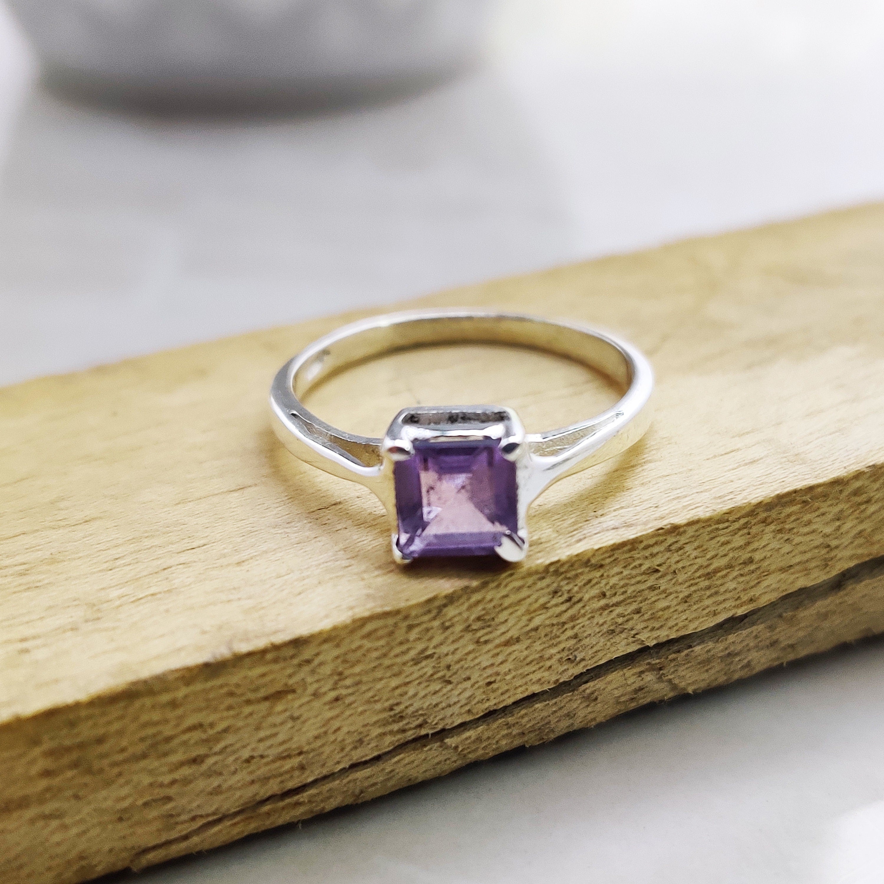 Sterling Silver Natural Amethyst Square Boho Ring