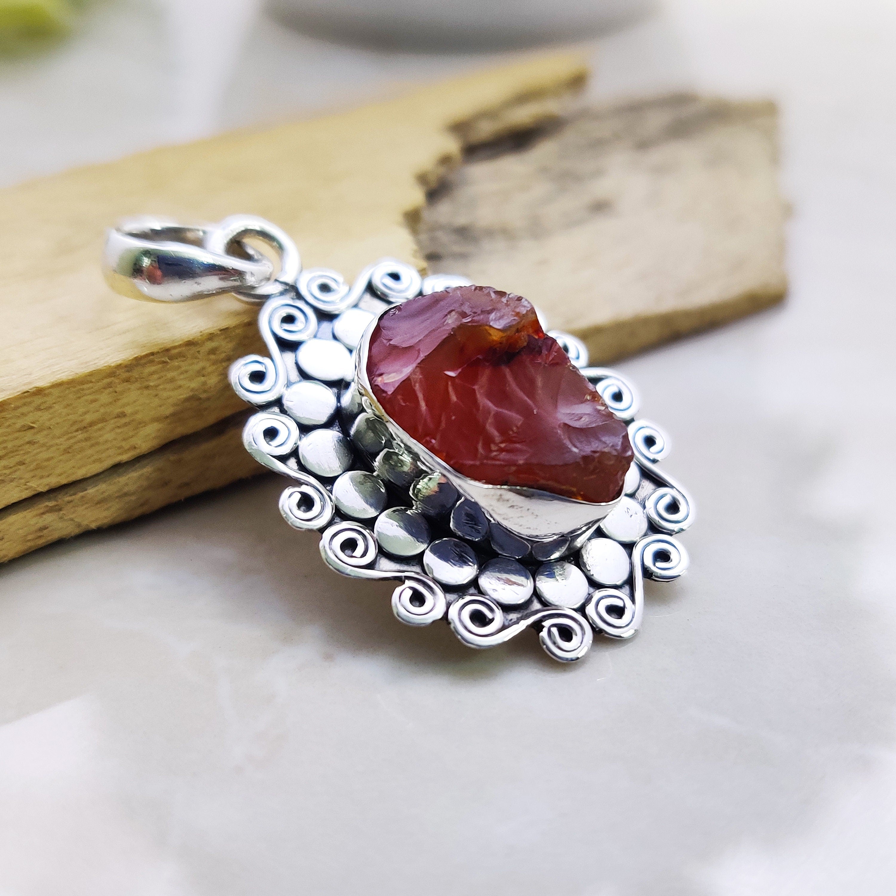 Sterling Silver Natural Carnelian Raw Stone Druzy Boho  Pendant