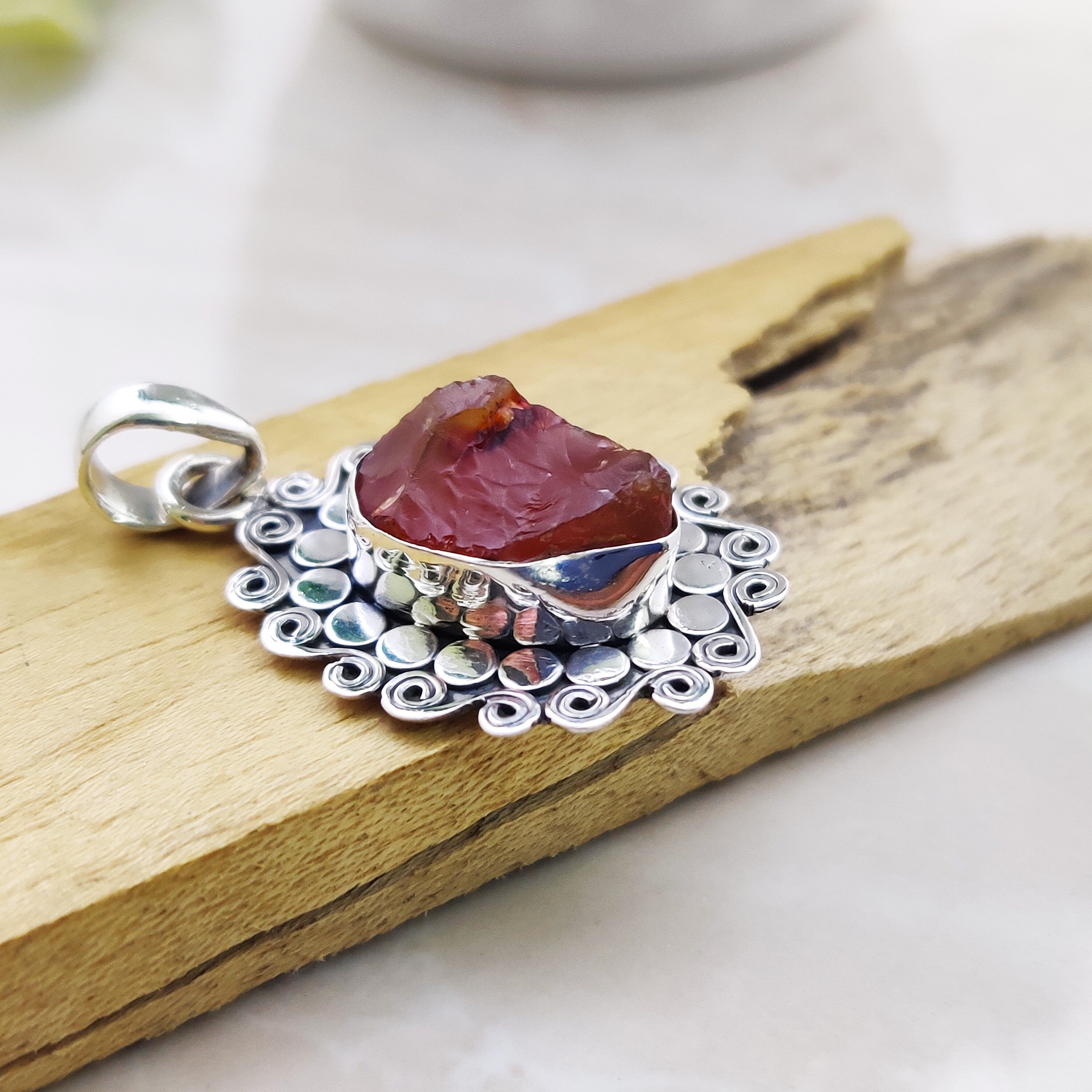 Sterling Silver Natural Carnelian Raw Stone Druzy Boho  Pendant