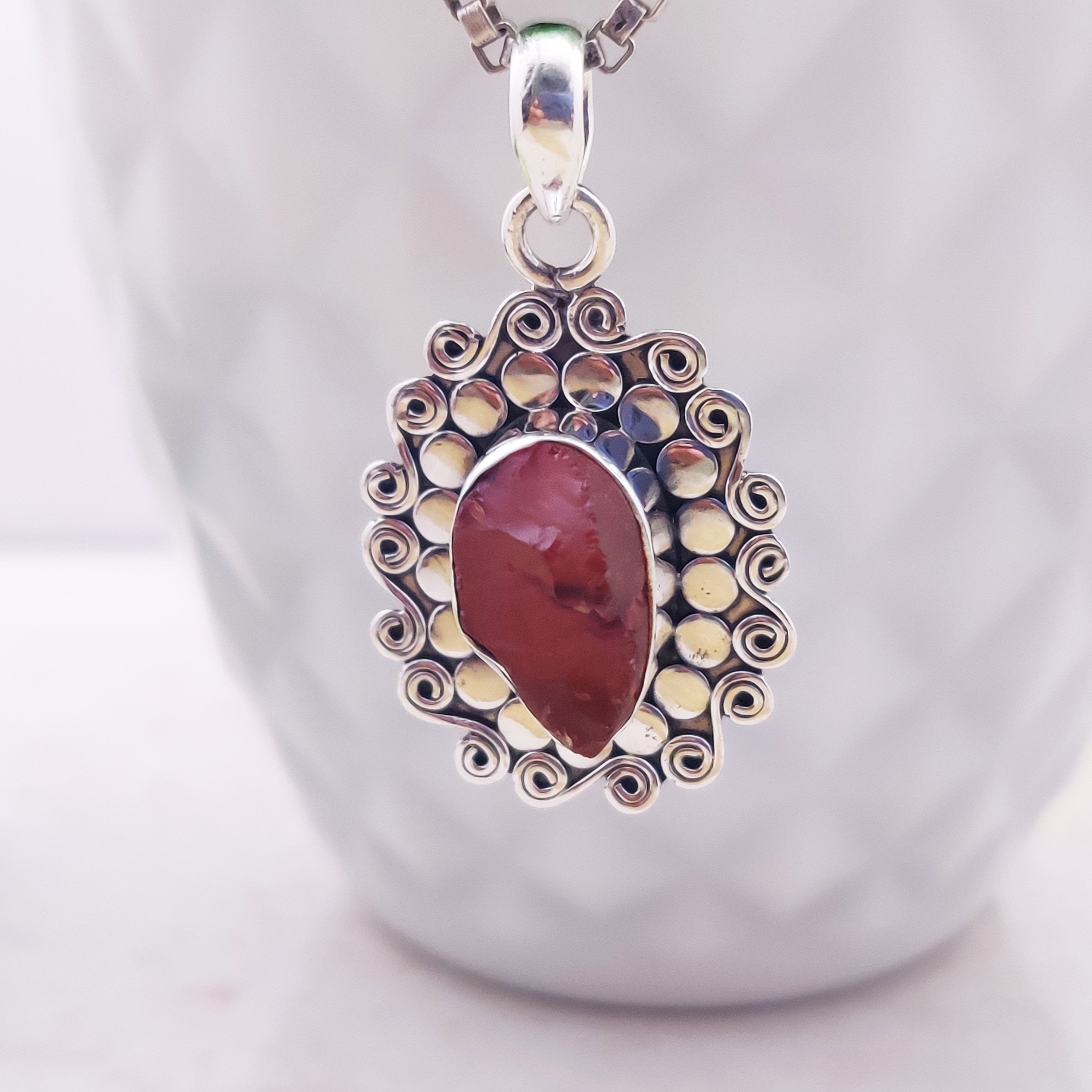 Sterling Silver Natural Carnelian Raw Stone Druzy Boho  Pendant