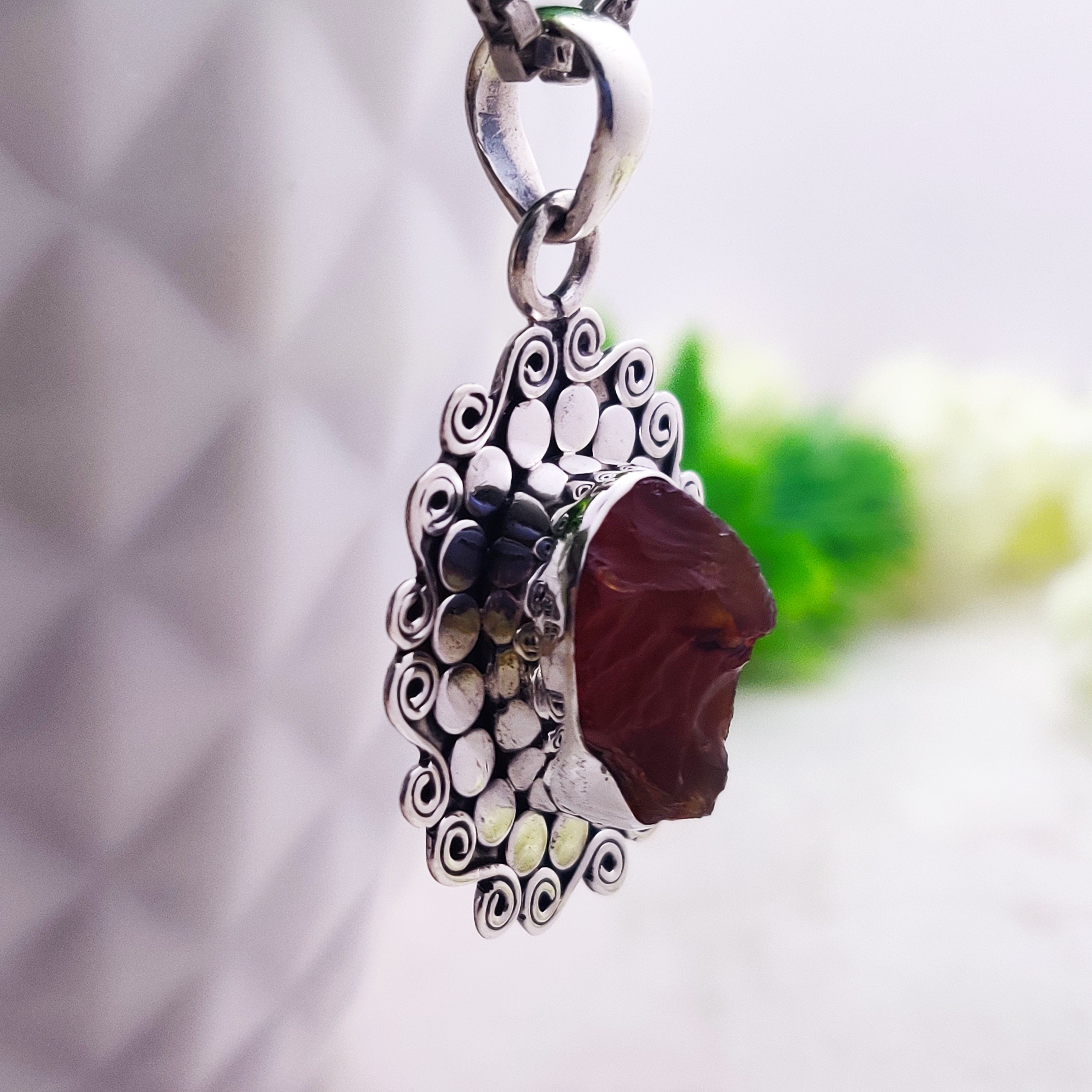 Sterling Silver Natural Carnelian Raw Stone Druzy Boho  Pendant