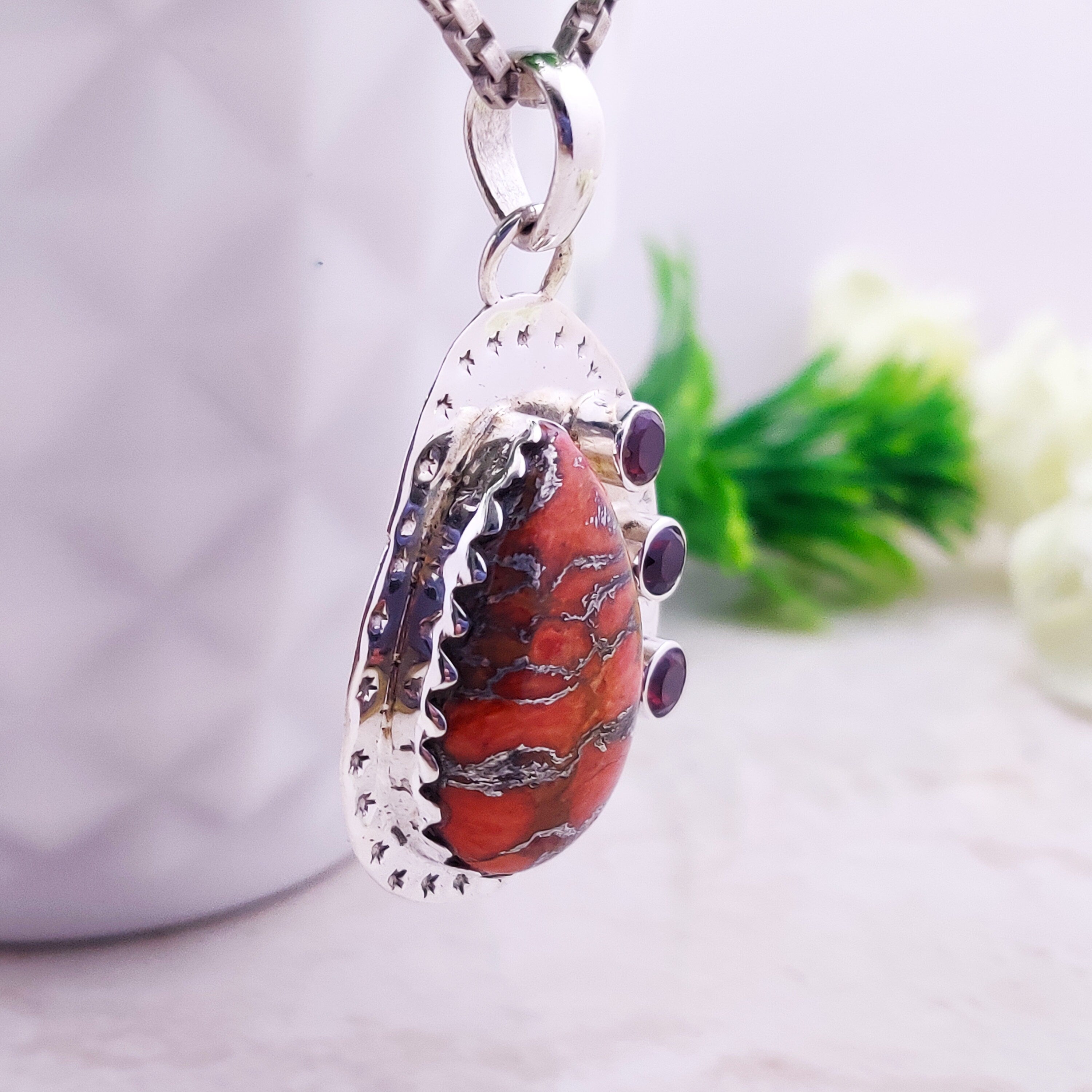Sterling Silver Natural Copper Coral And Garnet Boho  Pendant