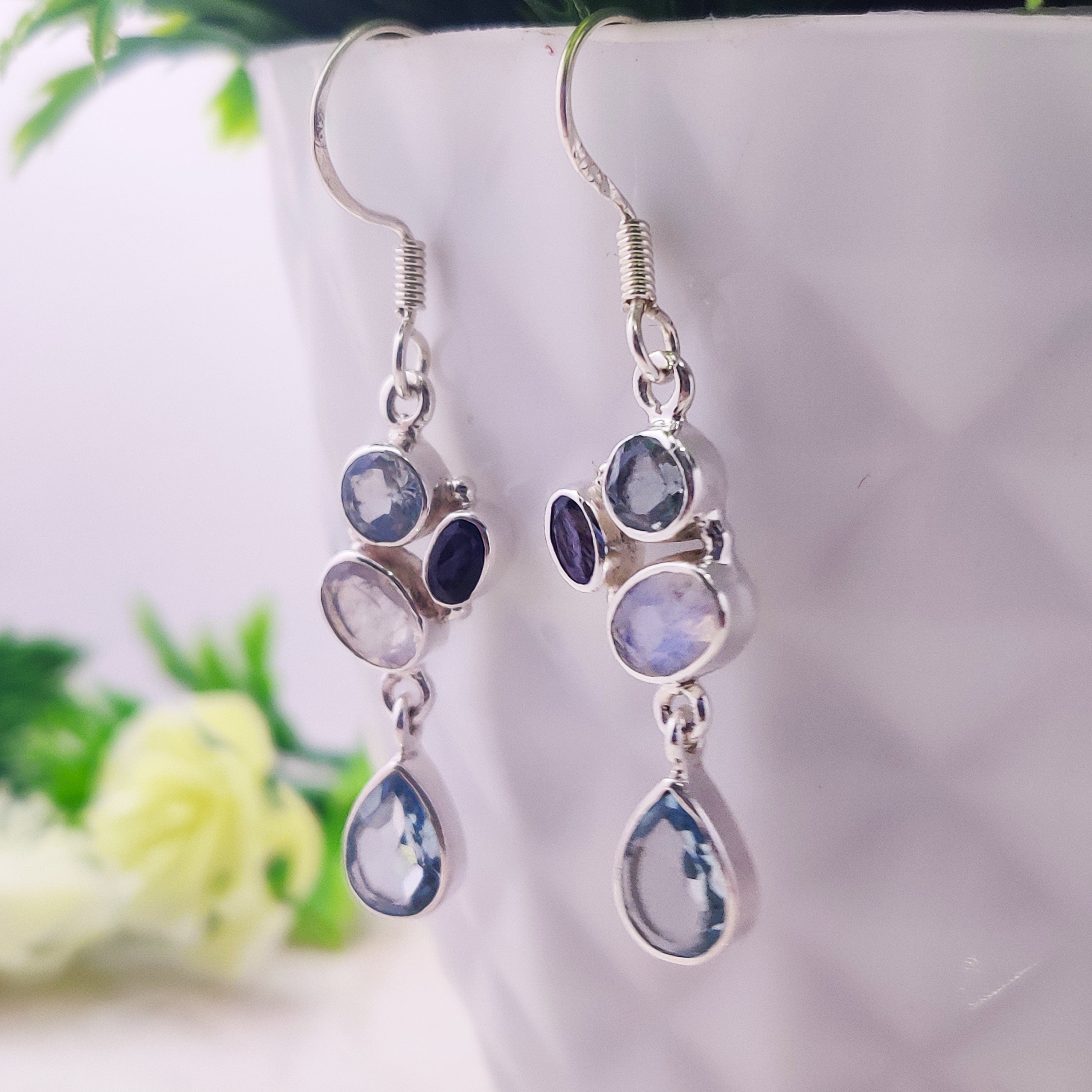 Sterling Silver Natural Blue Topaz Moonstone Blue Sapphire Trio Drop Wire Boho  Earrings
