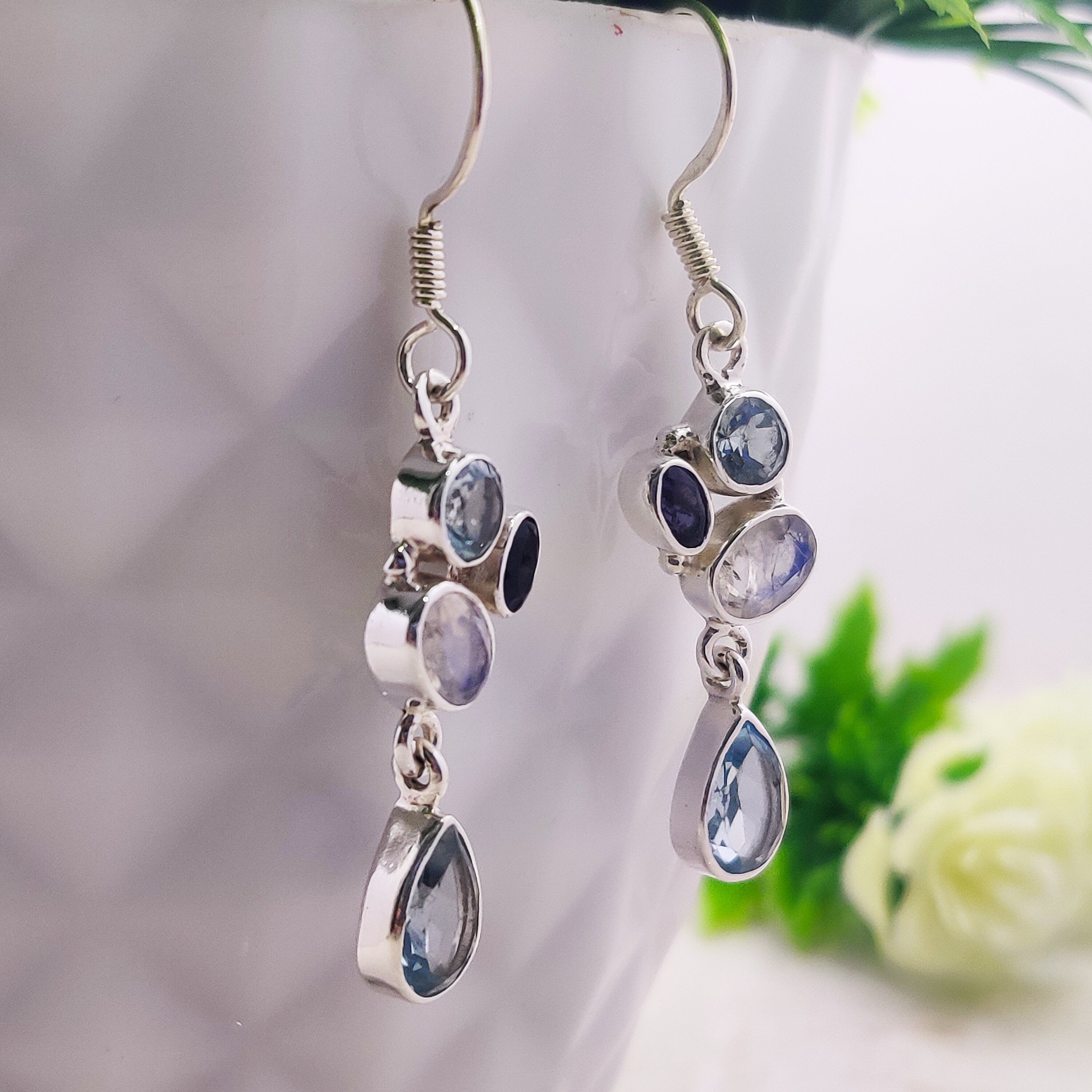 Sterling Silver Natural Blue Topaz Moonstone Blue Sapphire Trio Drop Wire Boho  Earrings