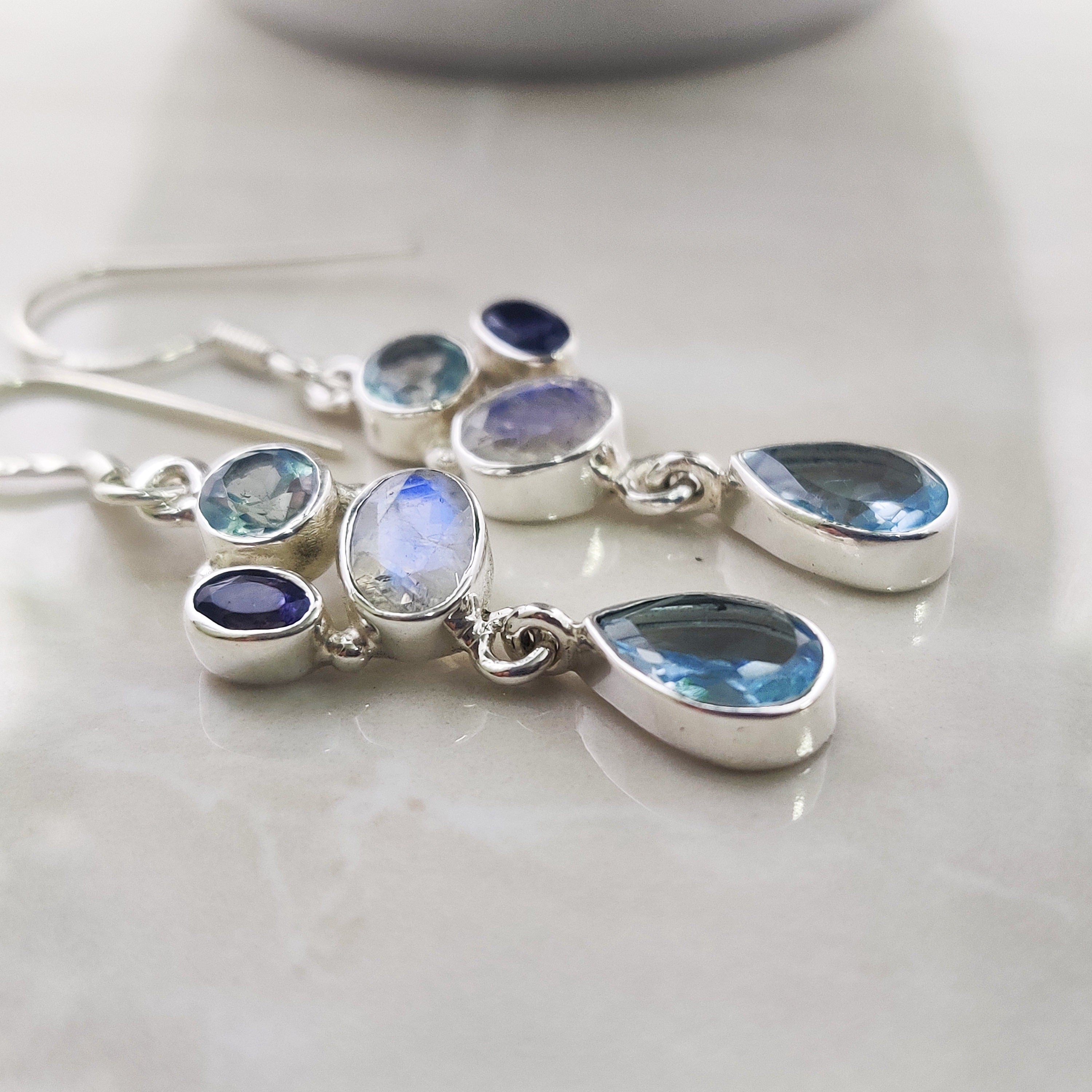 Sterling Silver Natural Blue Topaz Moonstone Blue Sapphire Trio Drop Wire Boho  Earrings