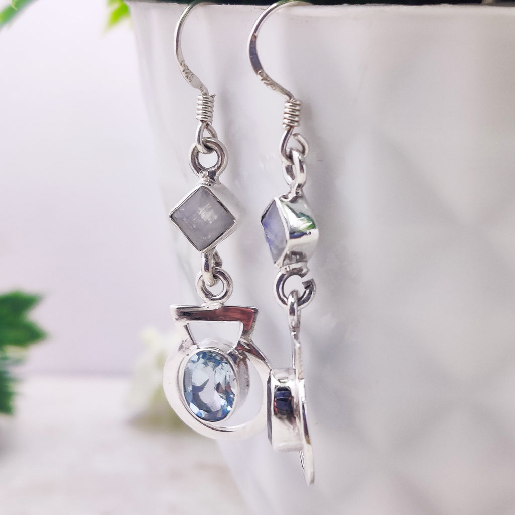 Sterling Silver Natural Blue Topaz Oval Drop Wire Tiny Boho  Earrings