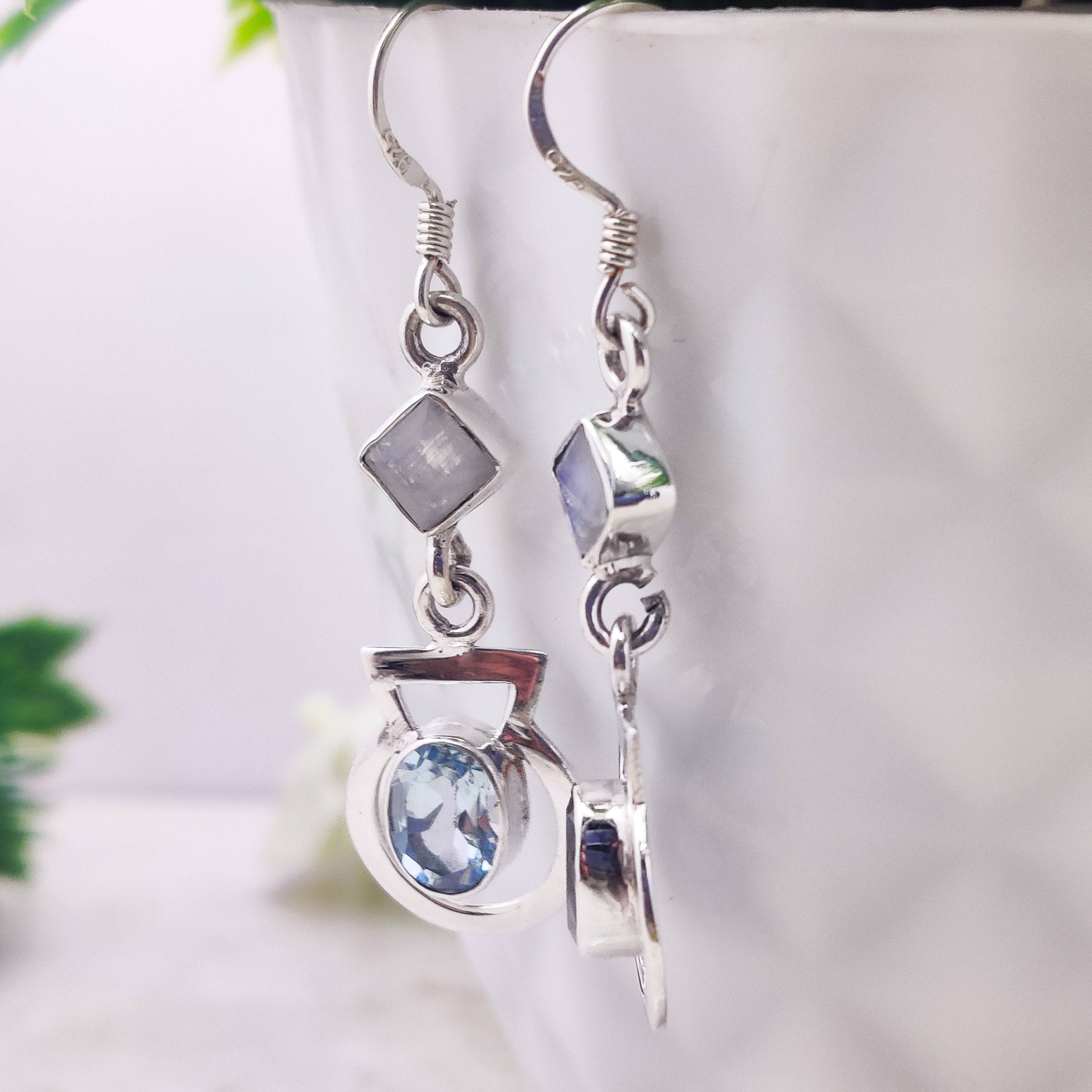 Sterling Silver Natural Blue Topaz Oval Drop Wire Tiny Boho  Earrings