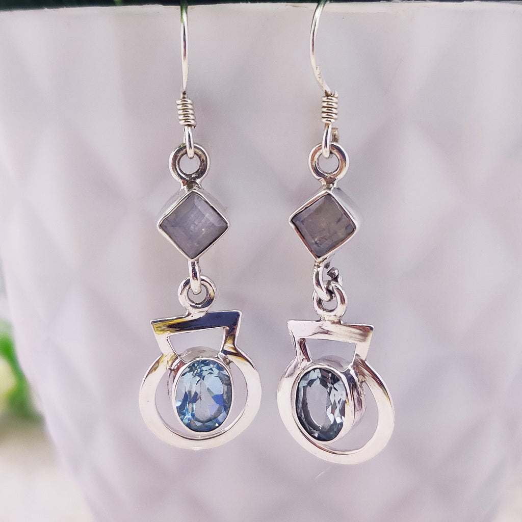 Sterling Silver Natural Blue Topaz Oval Drop Wire Tiny Boho  Earrings