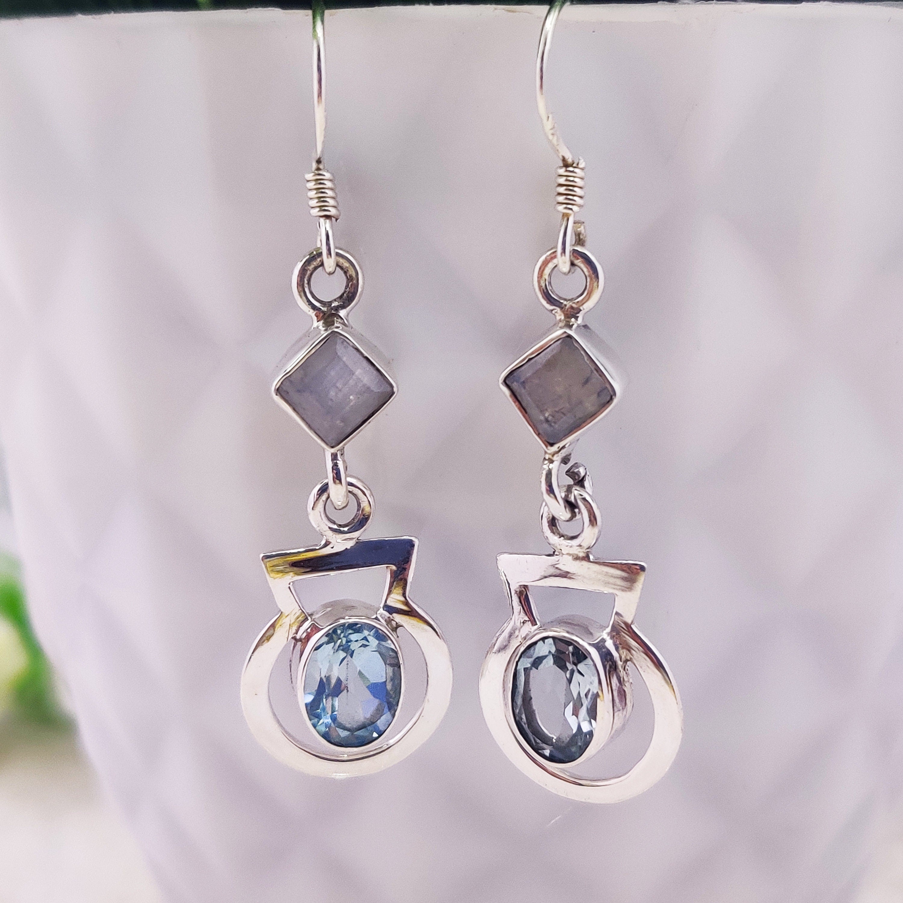 Sterling Silver Natural Blue Topaz Oval Drop Wire Tiny Boho  Earrings