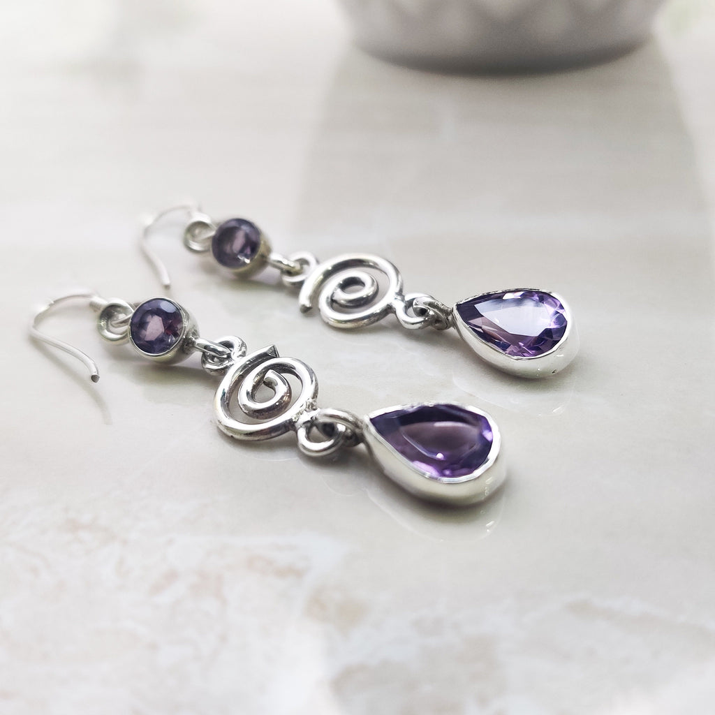 Sterling Silver Natural Amethyst Pear Drop Wire Boho  Earrings
