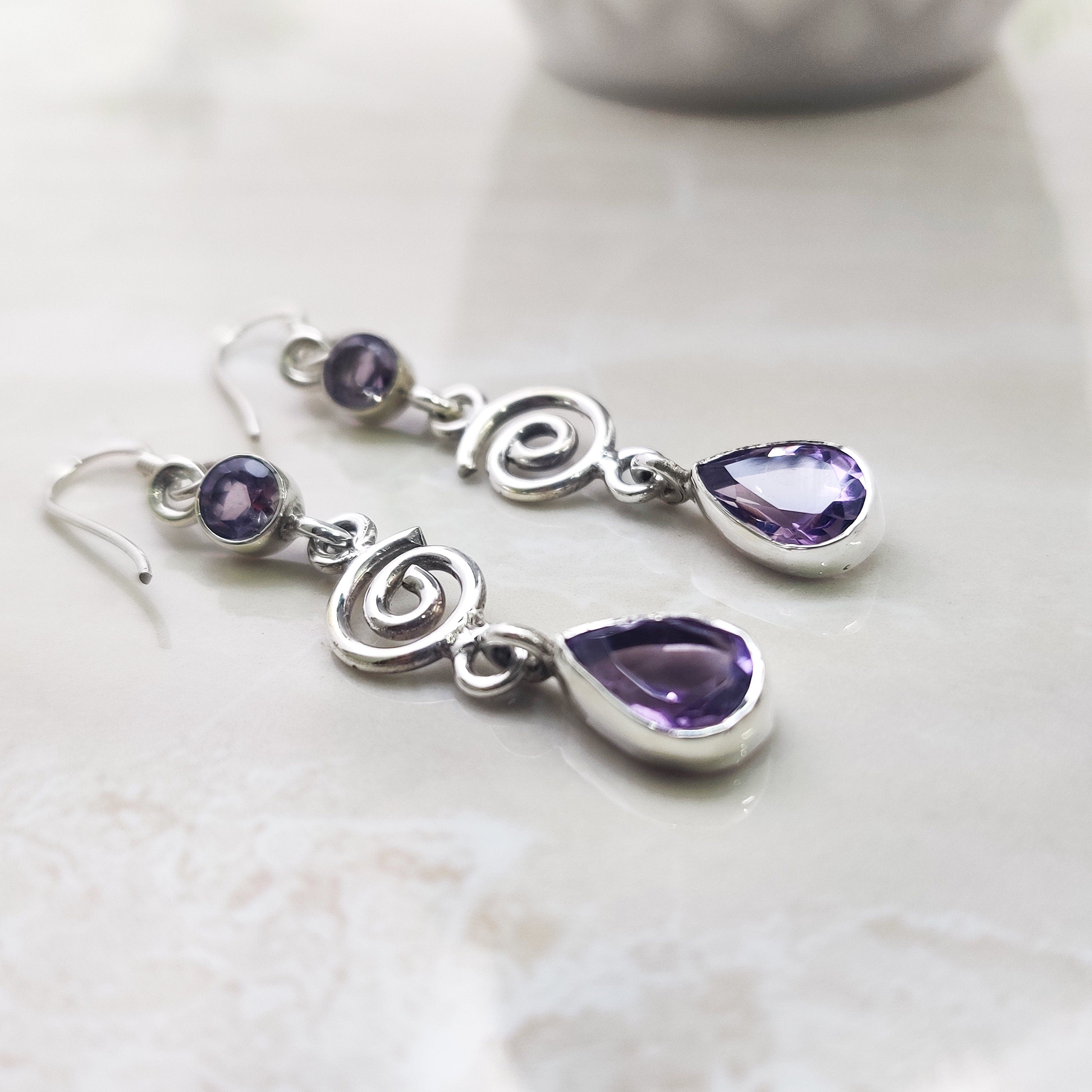 Sterling Silver Natural Amethyst Pear Drop Wire Boho  Earrings