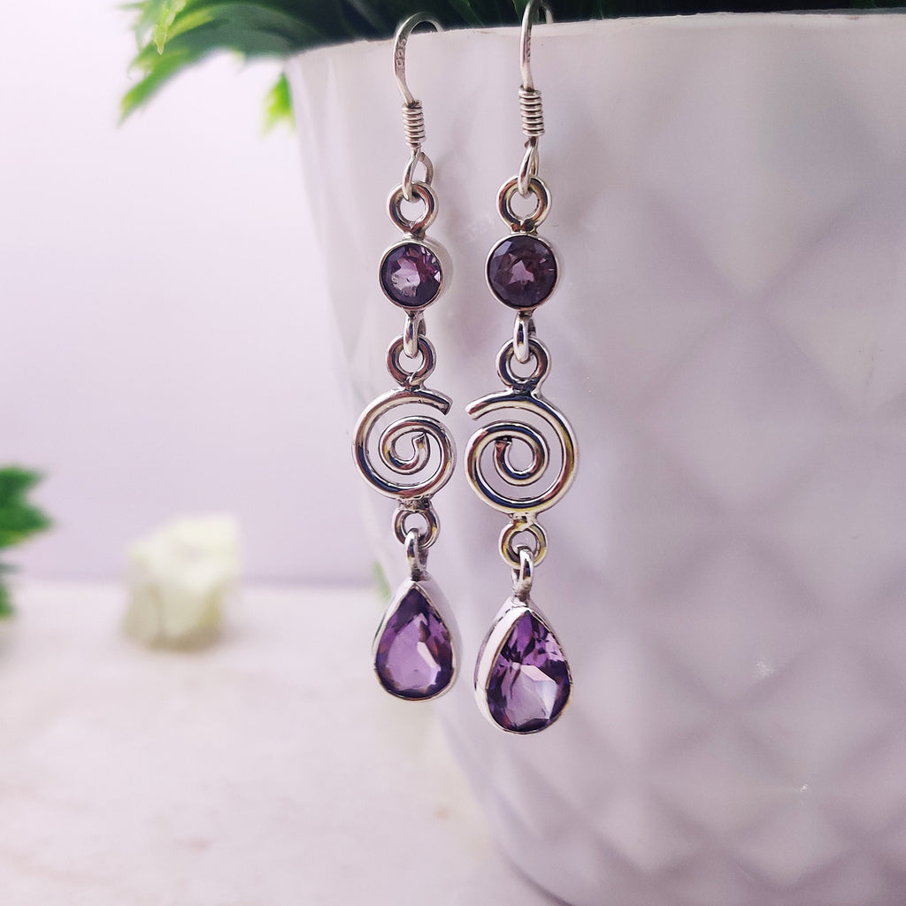 Sterling Silver Natural Amethyst Pear Drop Wire Boho  Earrings