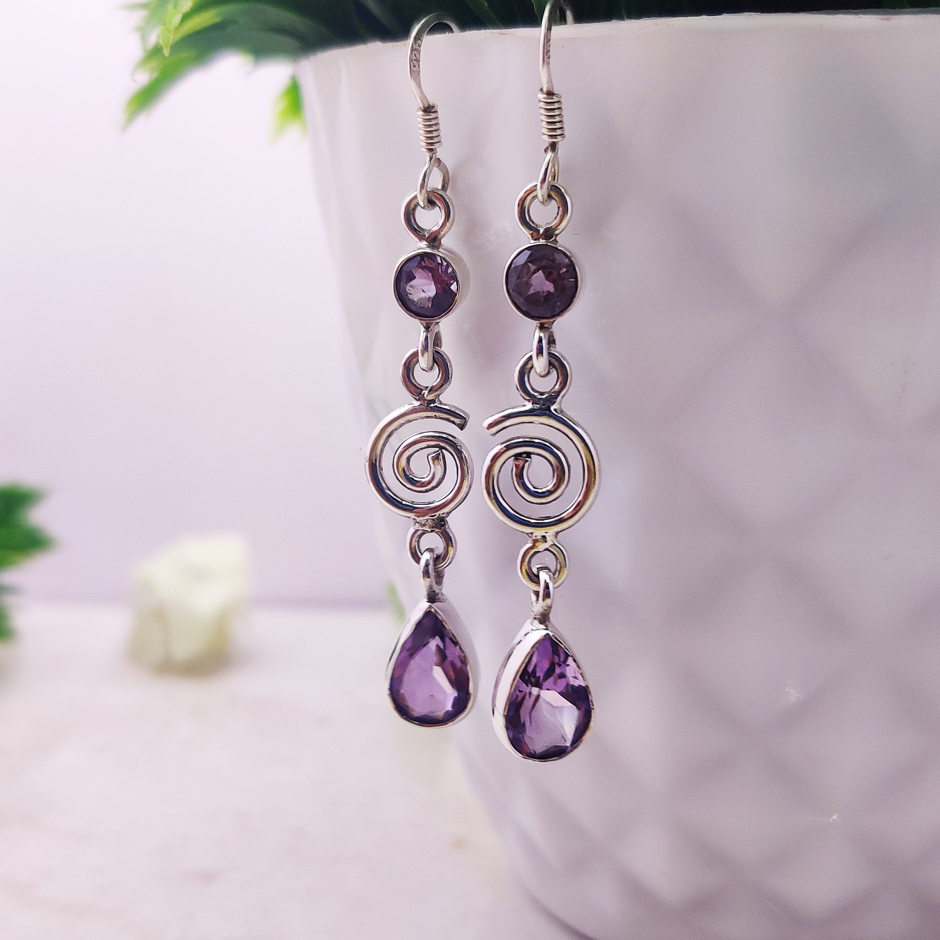 Sterling Silver Natural Amethyst Pear Drop Wire Boho  Earrings