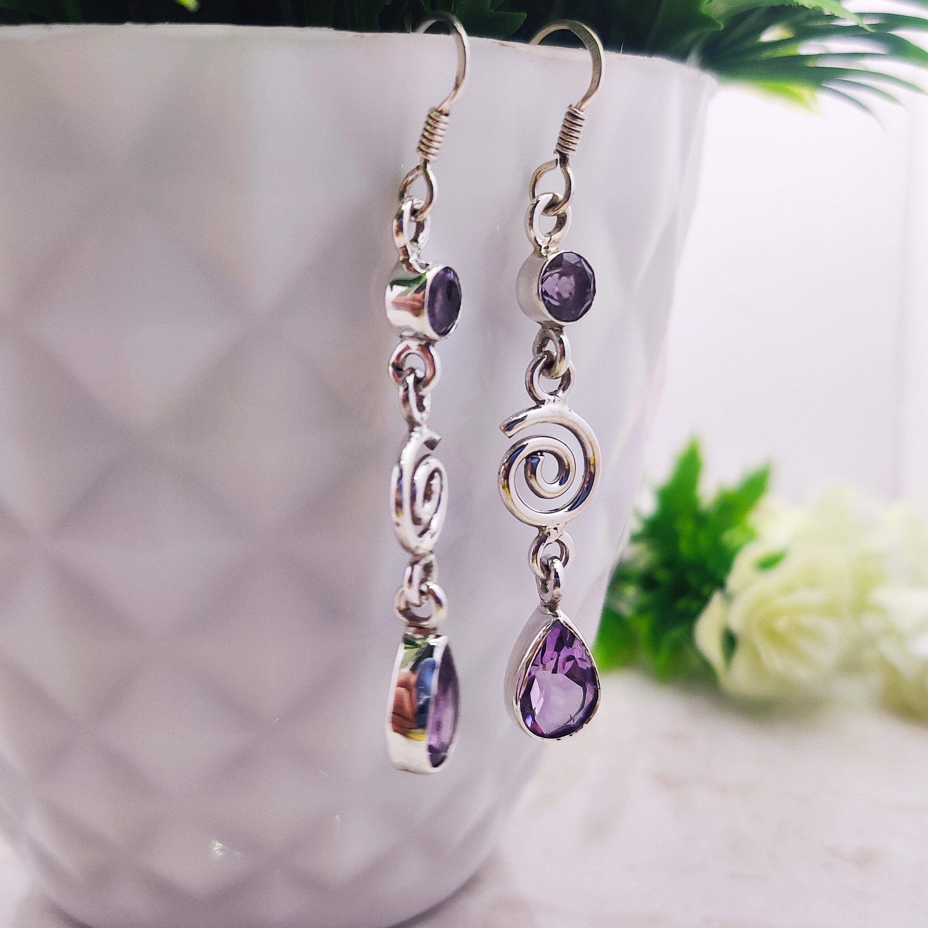 Sterling Silver Natural Amethyst Pear Drop Wire Boho  Earrings