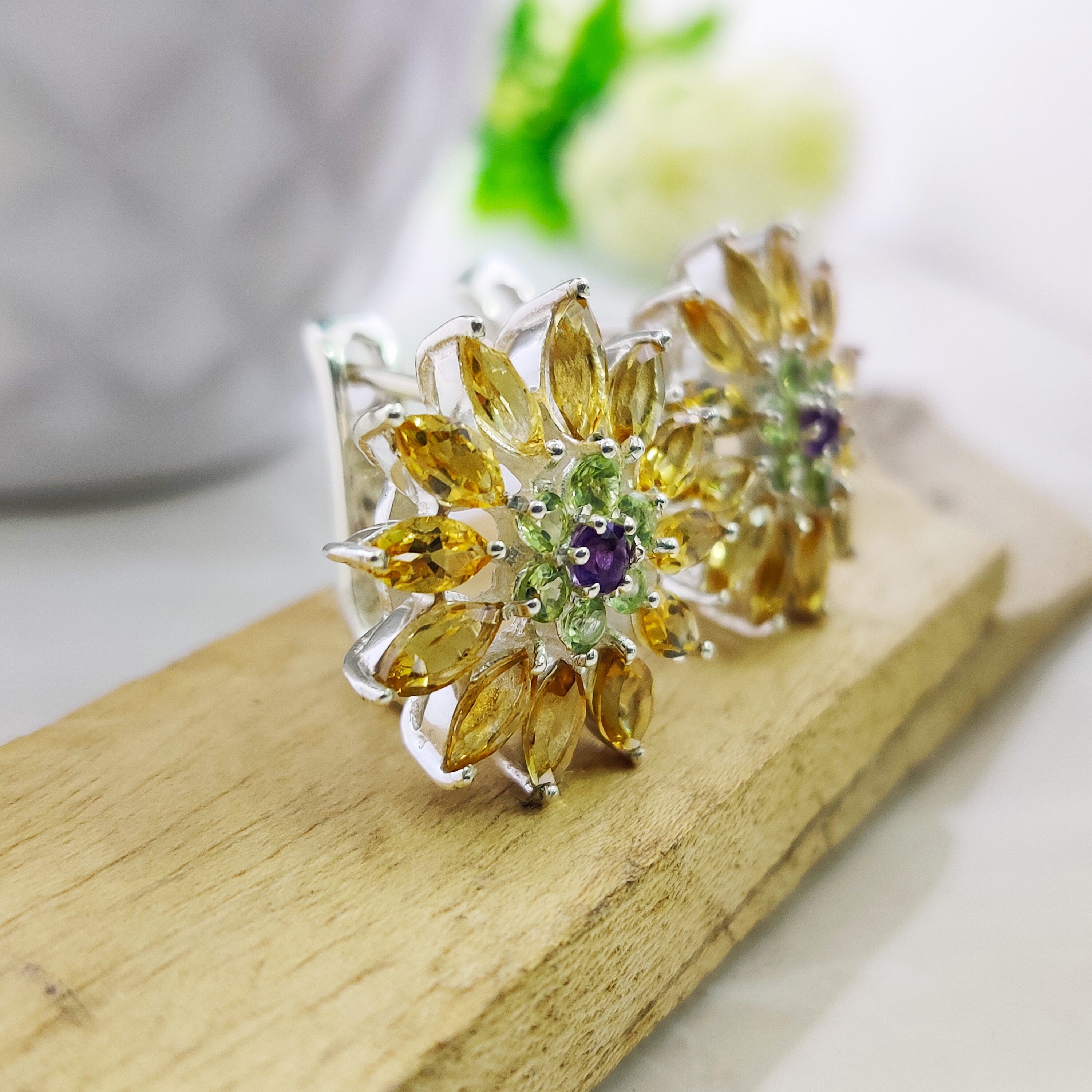 Sterling Silver Natural Citrine Peridot Amethyst Trio Marquise  Boho  Earrings