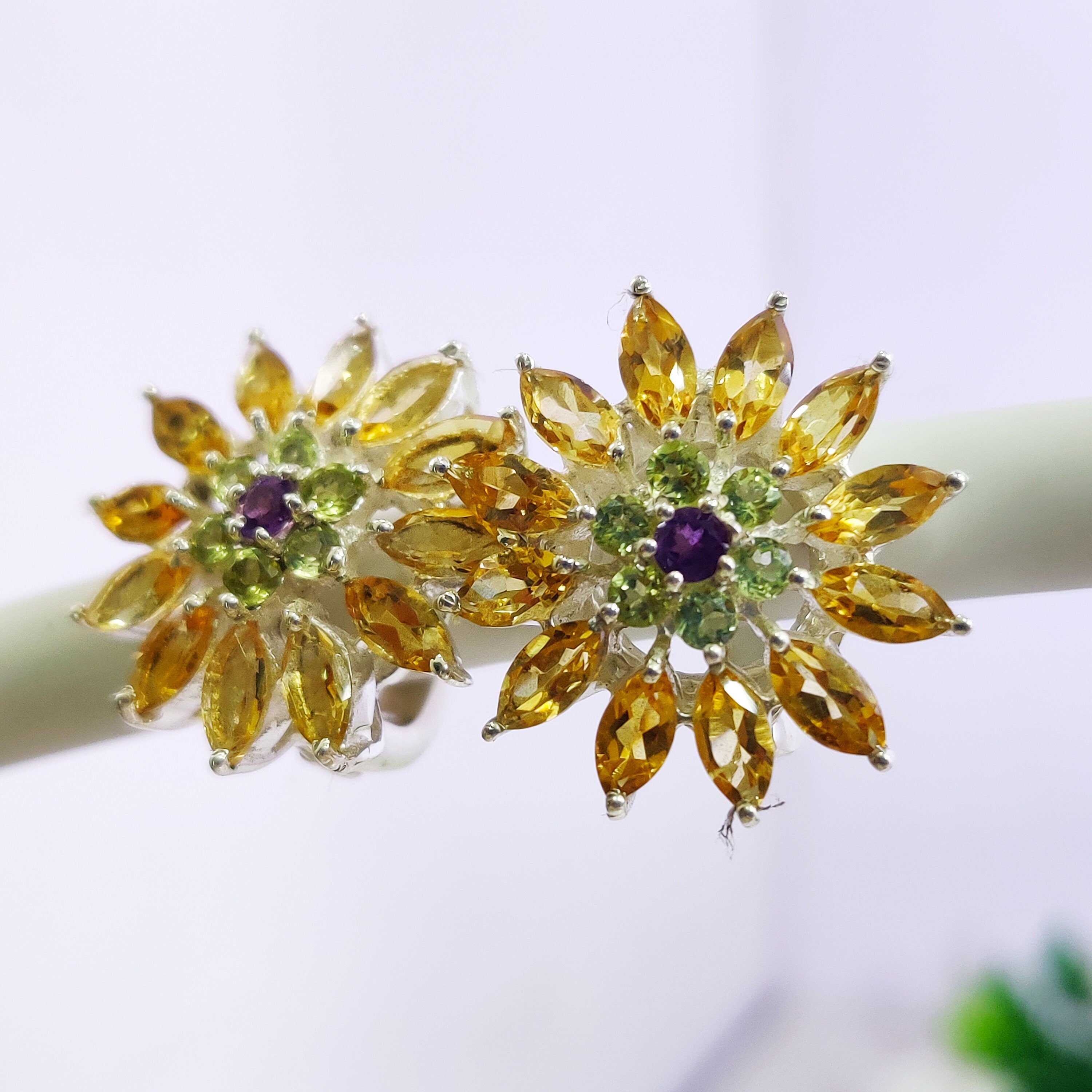 Sterling Silver Natural Citrine Peridot Amethyst Trio Marquise  Boho  Earrings