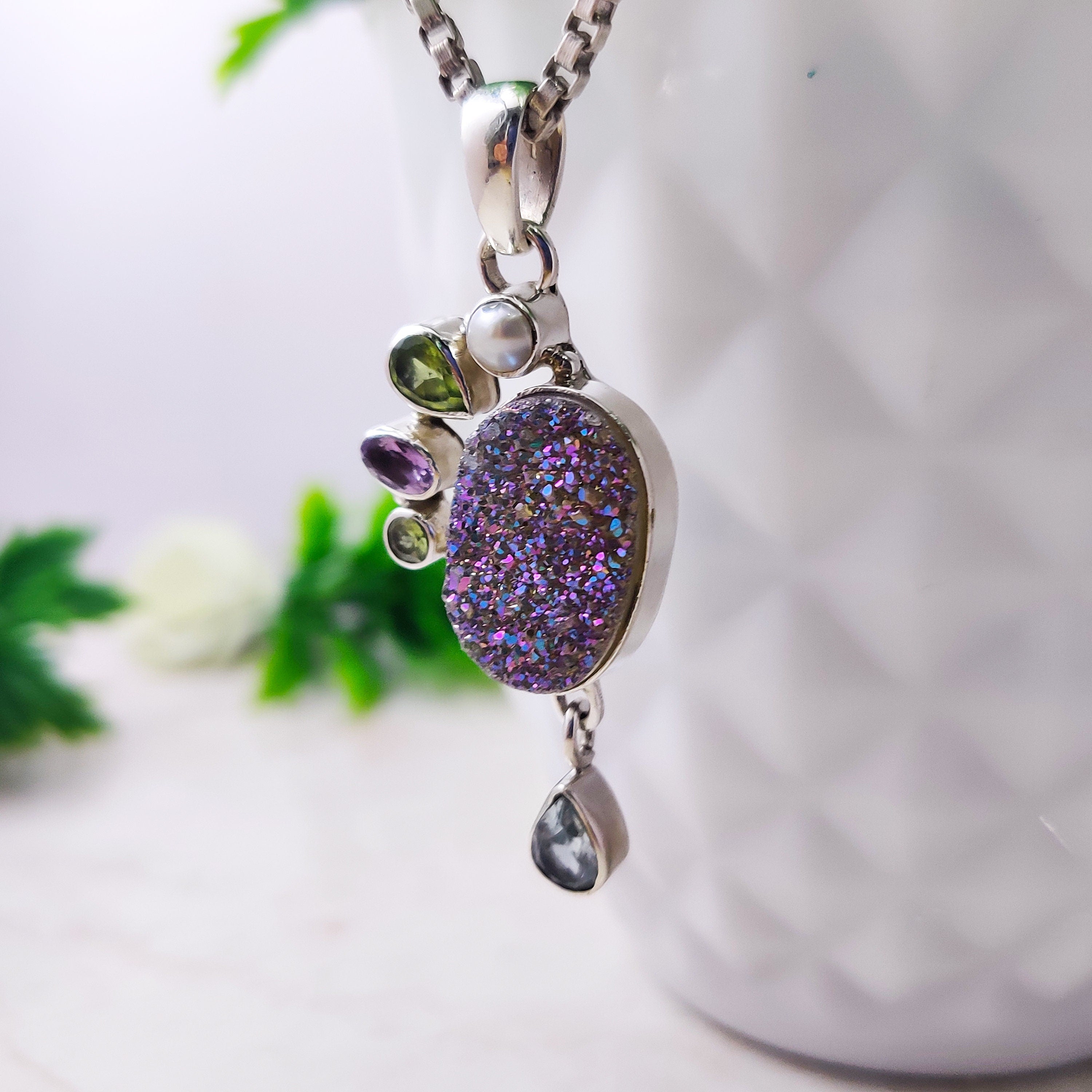 Sterling Silver Natural Blue Topaz Peridot Pearl Druzy Combination Boho Pendant