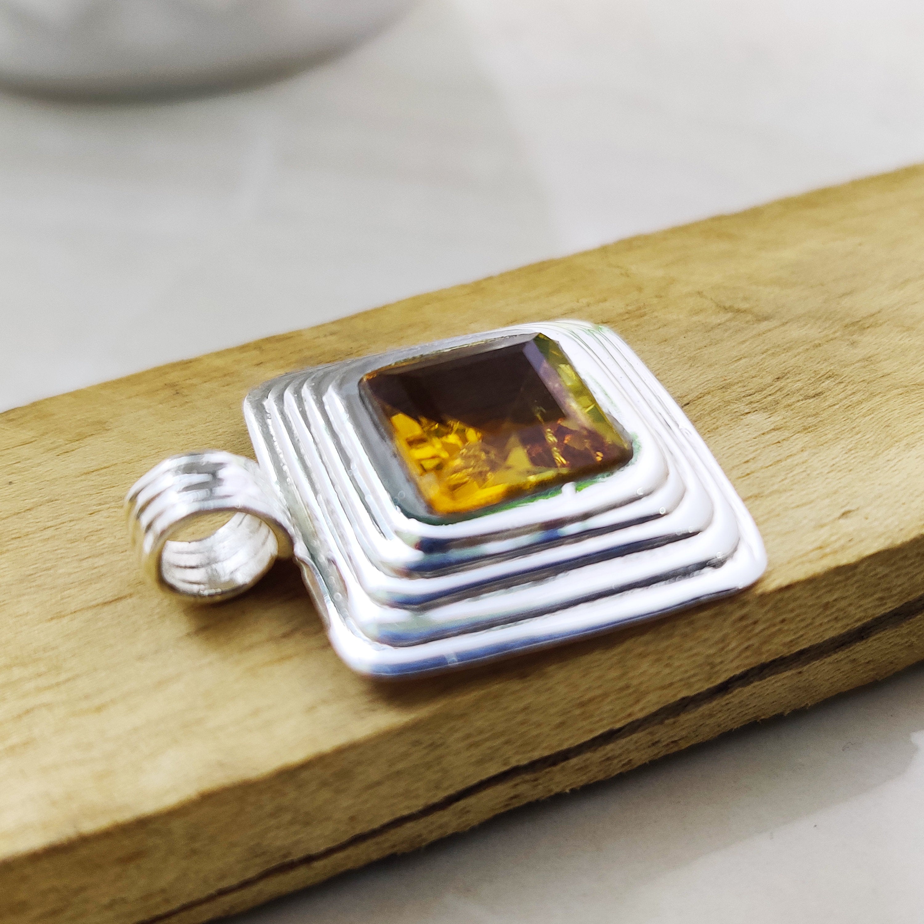 Natural Citrine Square Cut Boho Pendant, 925 Sterling Solid Silver Ring, Purple Color Stone Ring, Amethyst Semi Precious Stone Ring Mom Gift