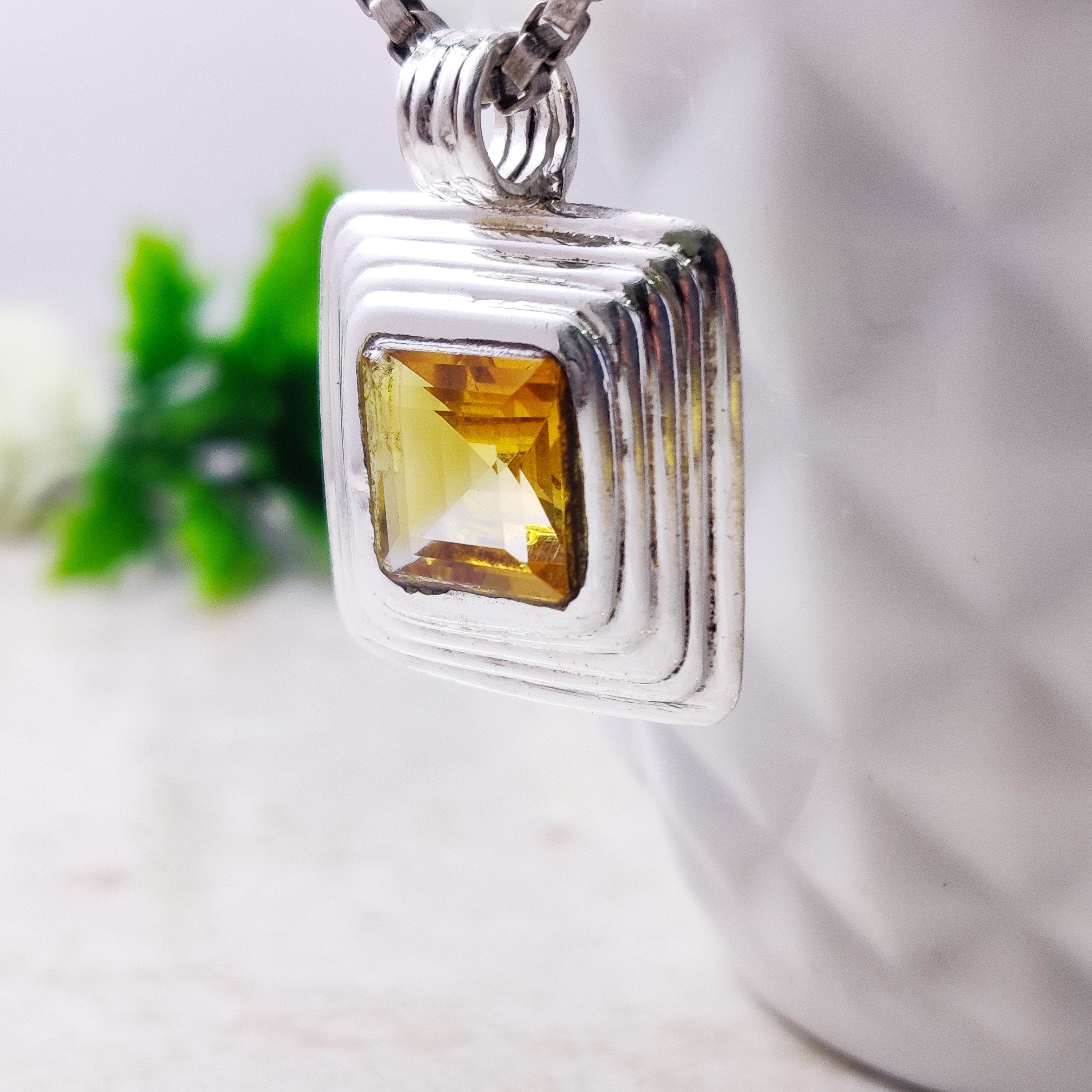 Natural Citrine Square Cut Boho Pendant, 925 Sterling Solid Silver Ring, Purple Color Stone Ring, Amethyst Semi Precious Stone Ring Mom Gift