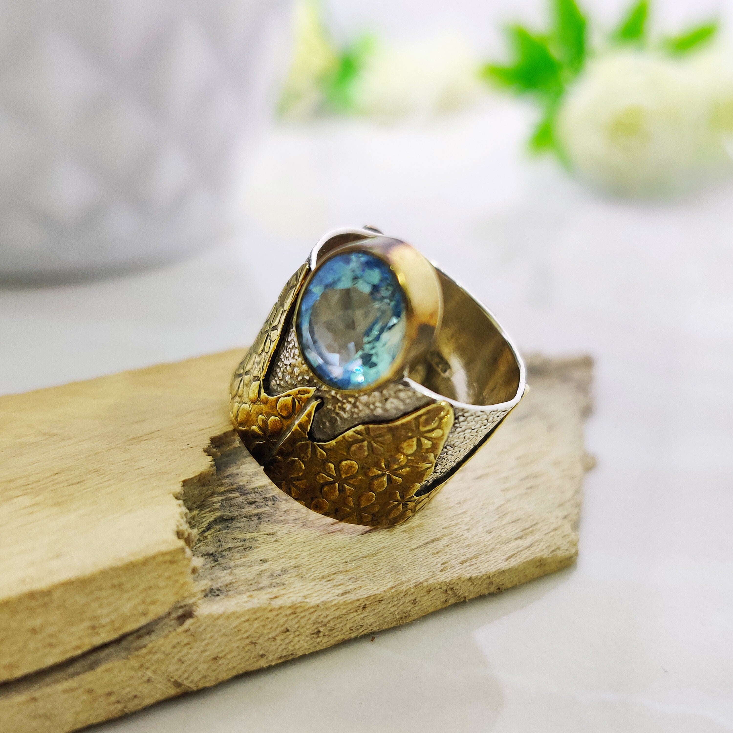 Sterling Silver Natural Blue Topaz Oval Cut Boho Ring