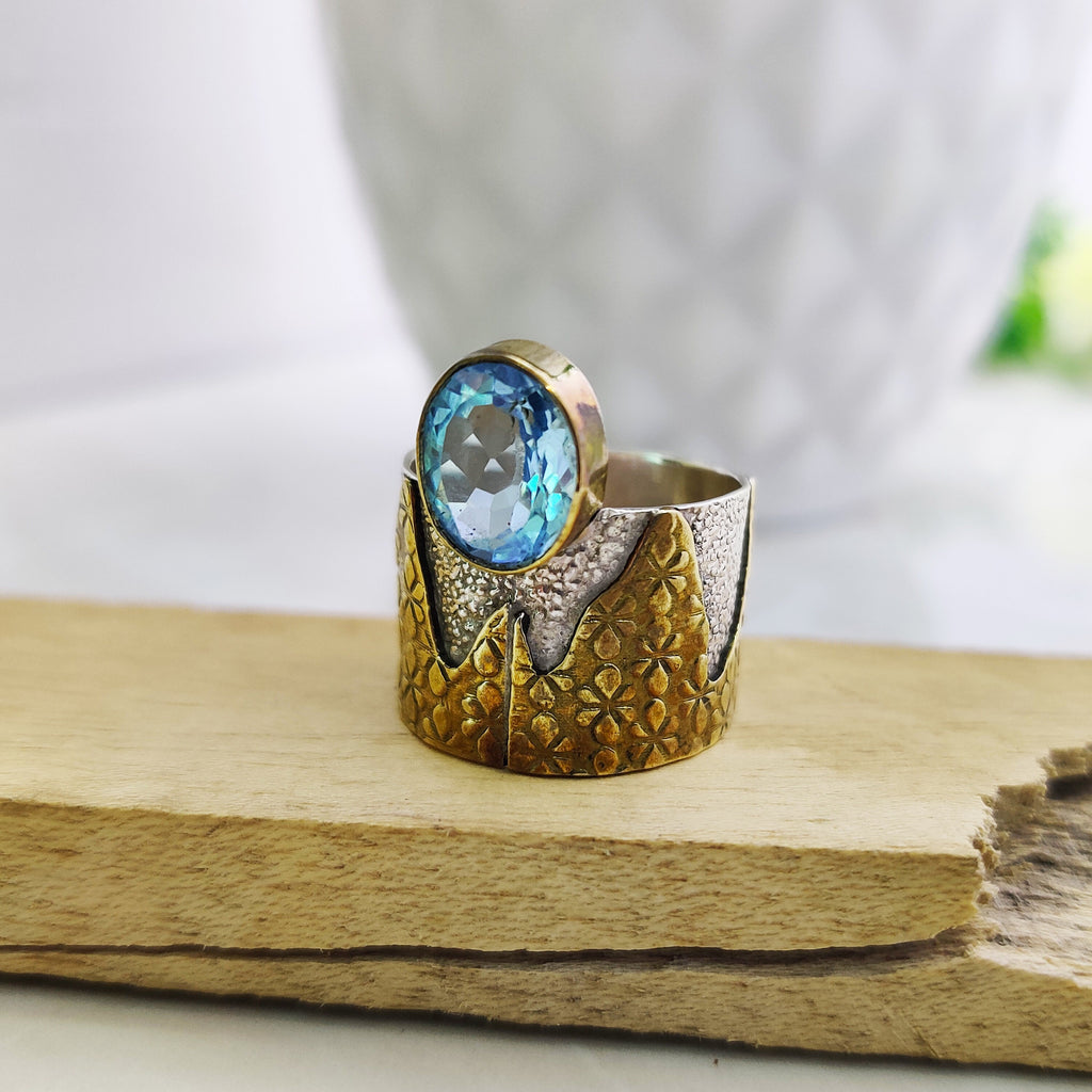 Sterling Silver Natural Blue Topaz Oval Cut Boho Ring