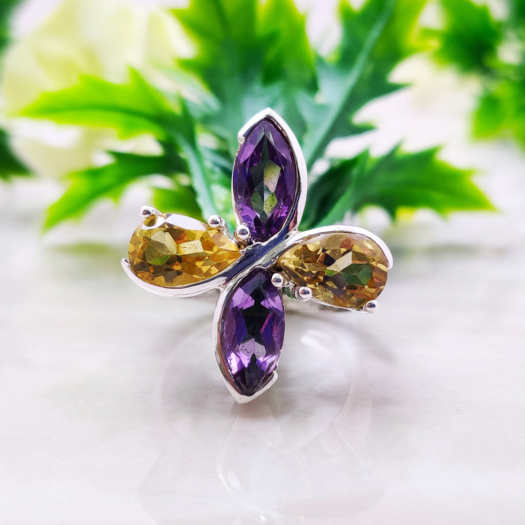 Natural Amethyst Citrine Marquise  Sterling Silver Boho Ring Ring Size 6
