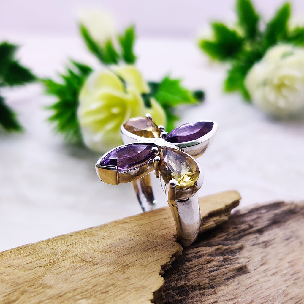 Natural Amethyst Citrine Marquise  Sterling Silver Boho Ring Ring Size 6