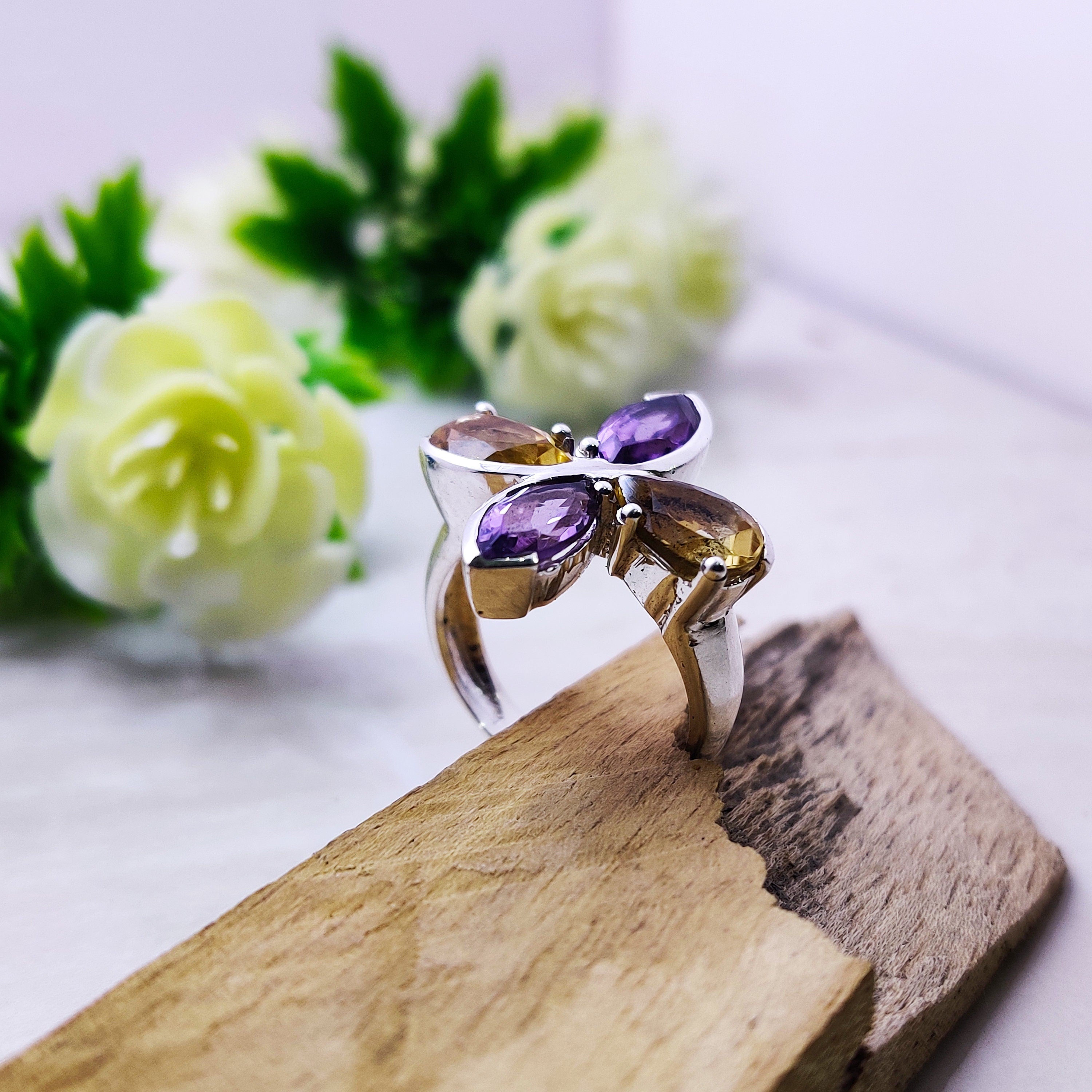 Natural Amethyst Citrine Marquise  Sterling Silver Boho Ring Ring Size 6