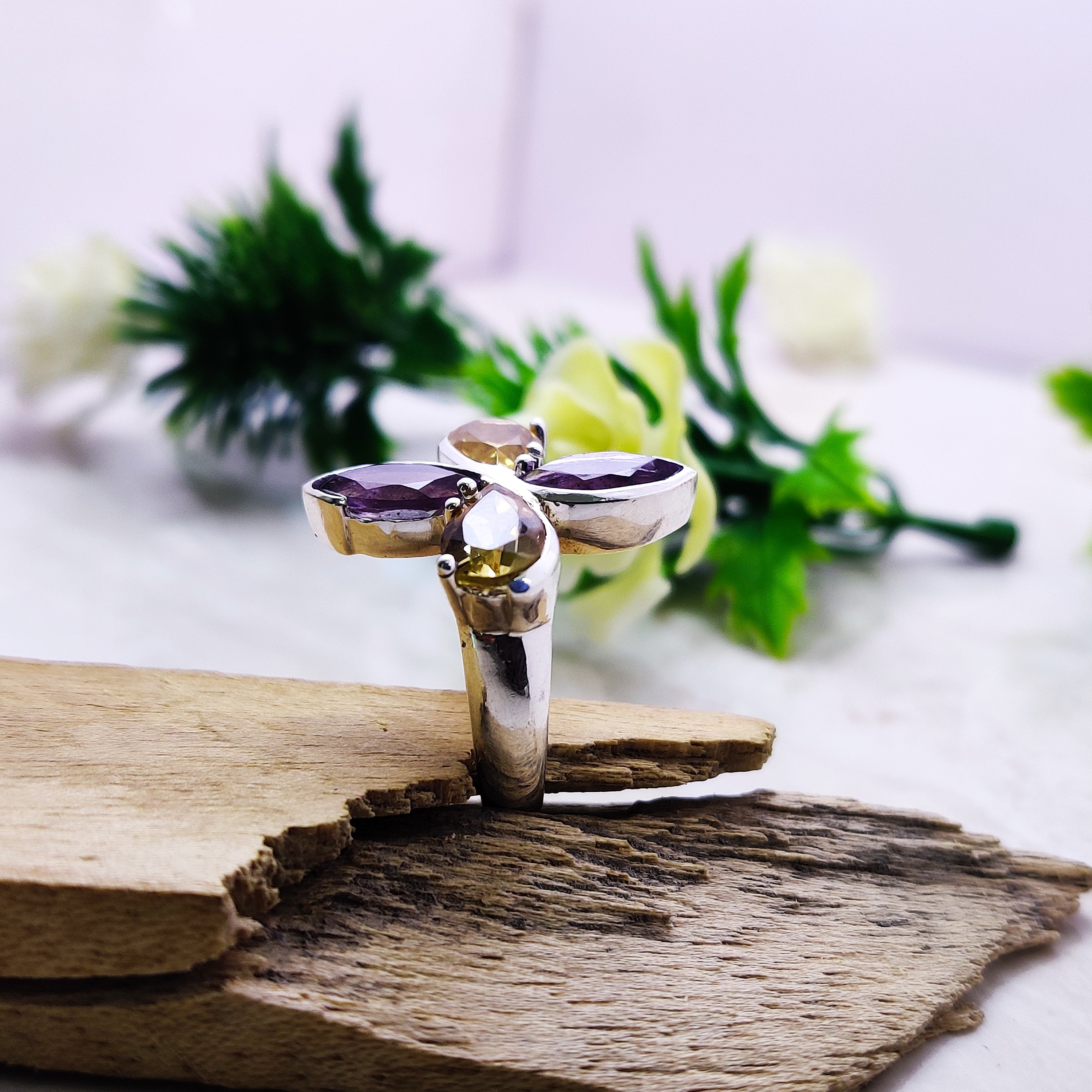 Natural Amethyst Citrine Marquise  Sterling Silver Boho Ring Ring Size 6