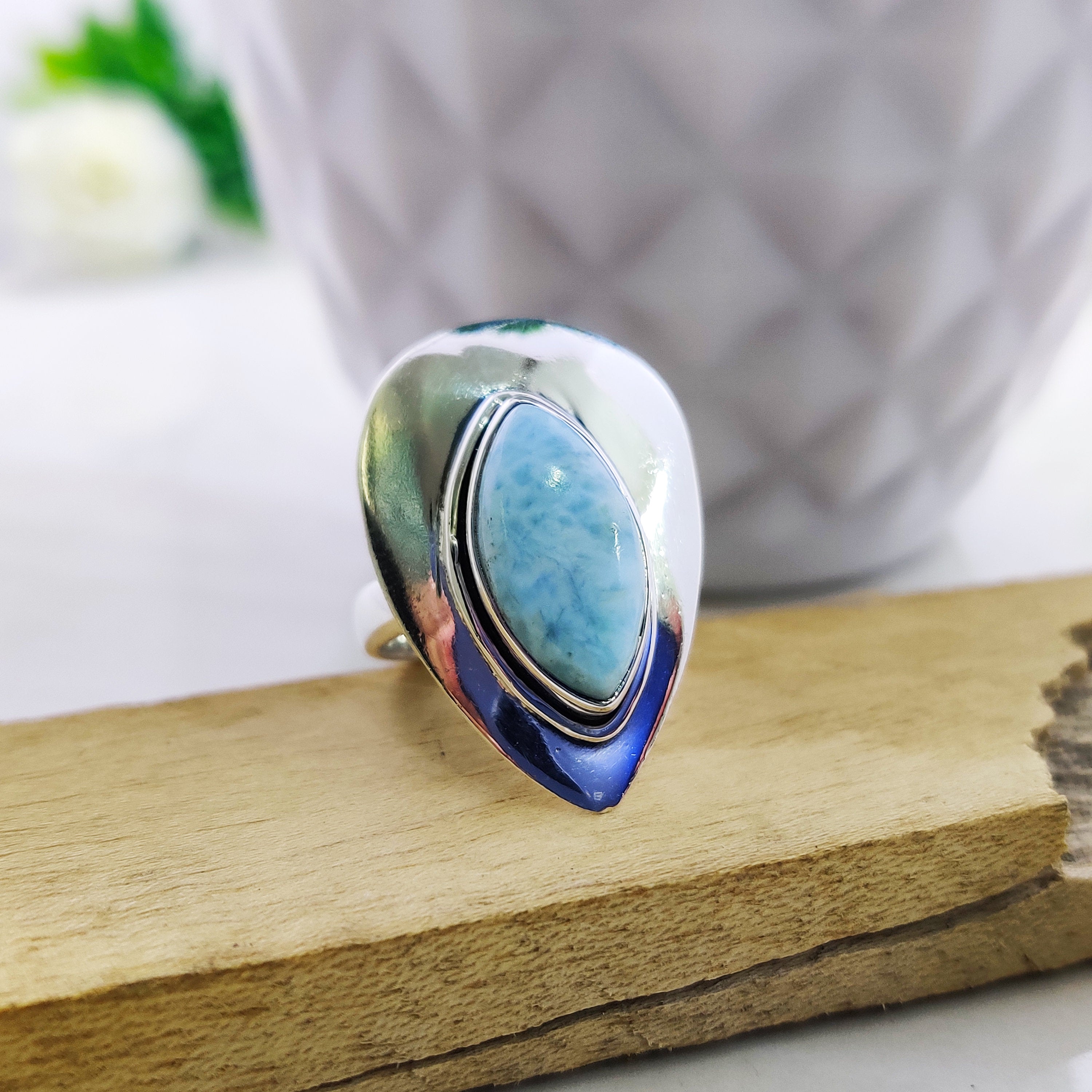 Natural Larimar Marquise Ring Sterling Silver Ring Boho Ring, 925 Sterling Silver Ring, Oval Cabochon Ring, Engagement, Anniversary, Rustic,