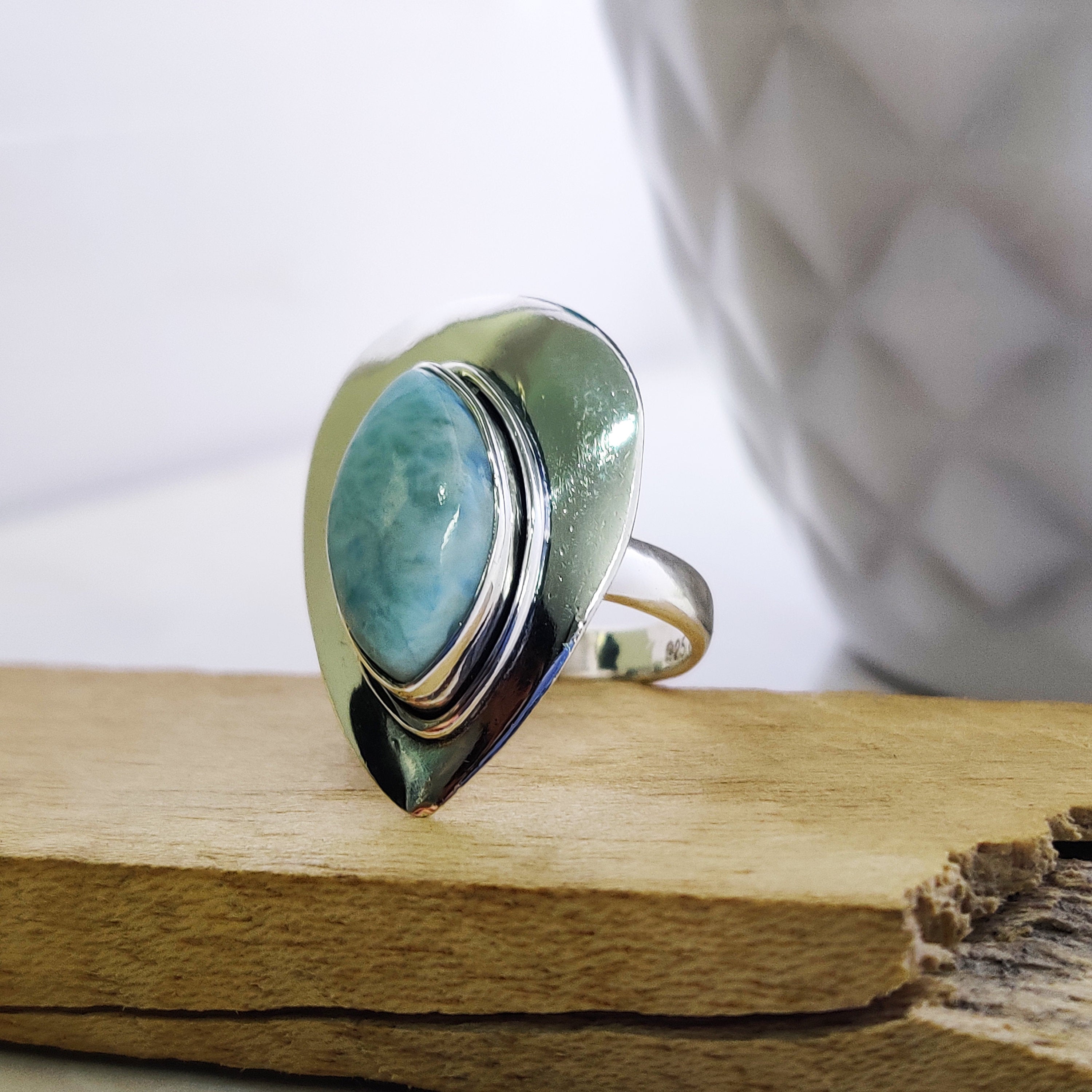 Natural Larimar Marquise Ring Sterling Silver Ring Boho Ring, 925 Sterling Silver Ring, Oval Cabochon Ring, Engagement, Anniversary, Rustic,