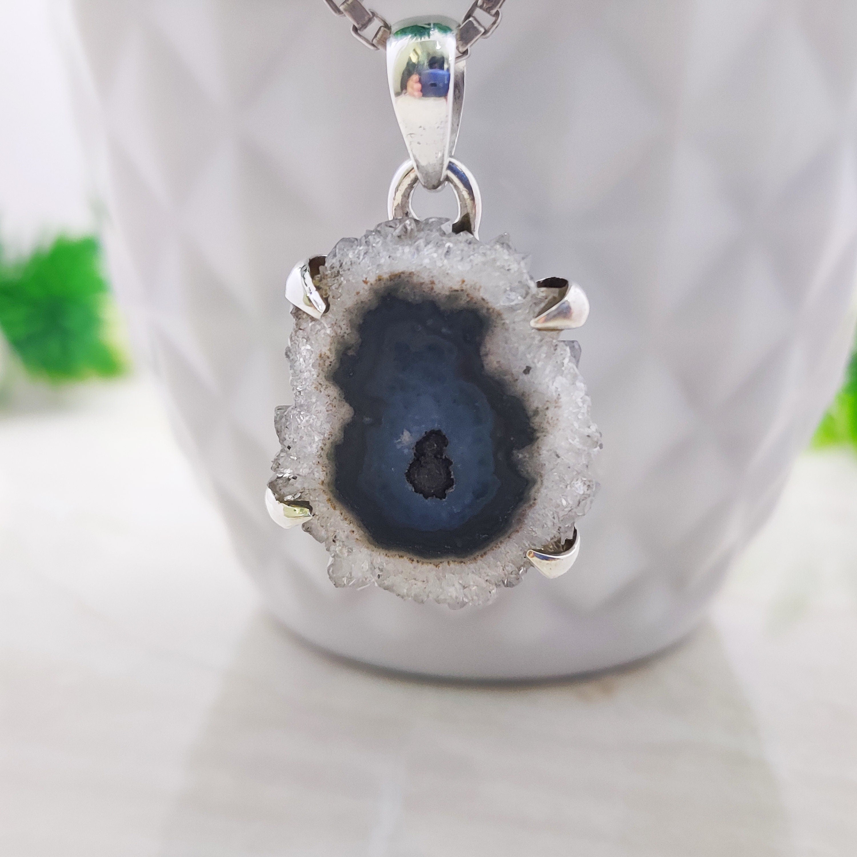 Natural Solor Quartz Druzy Sterling Silver  Raw Stone Boho  Pendant