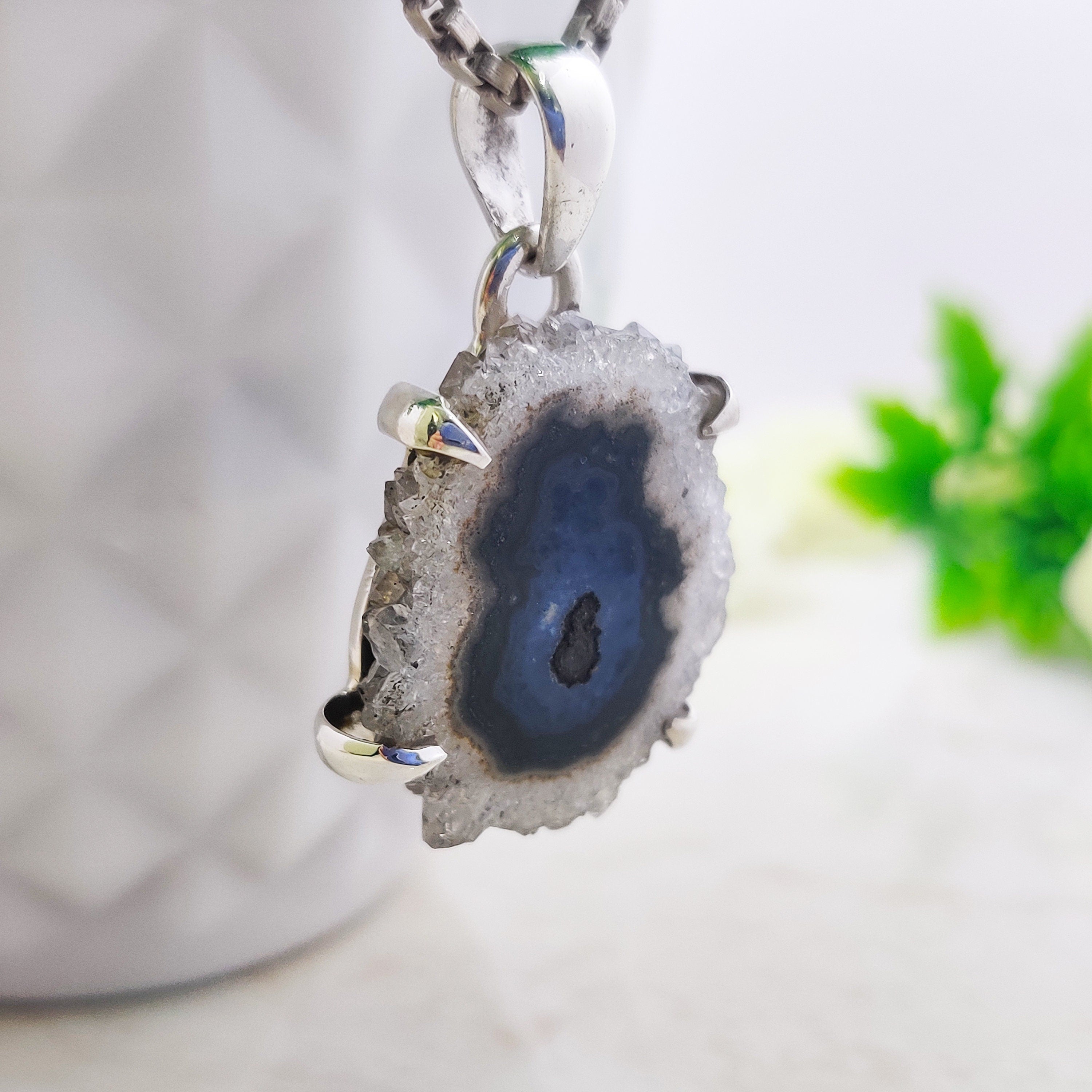 Natural Solor Quartz Druzy Sterling Silver  Raw Stone Boho  Pendant