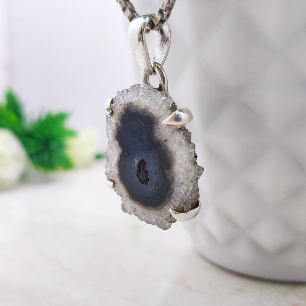 Natural Solor Quartz Druzy Sterling Silver  Raw Stone Boho  Pendant