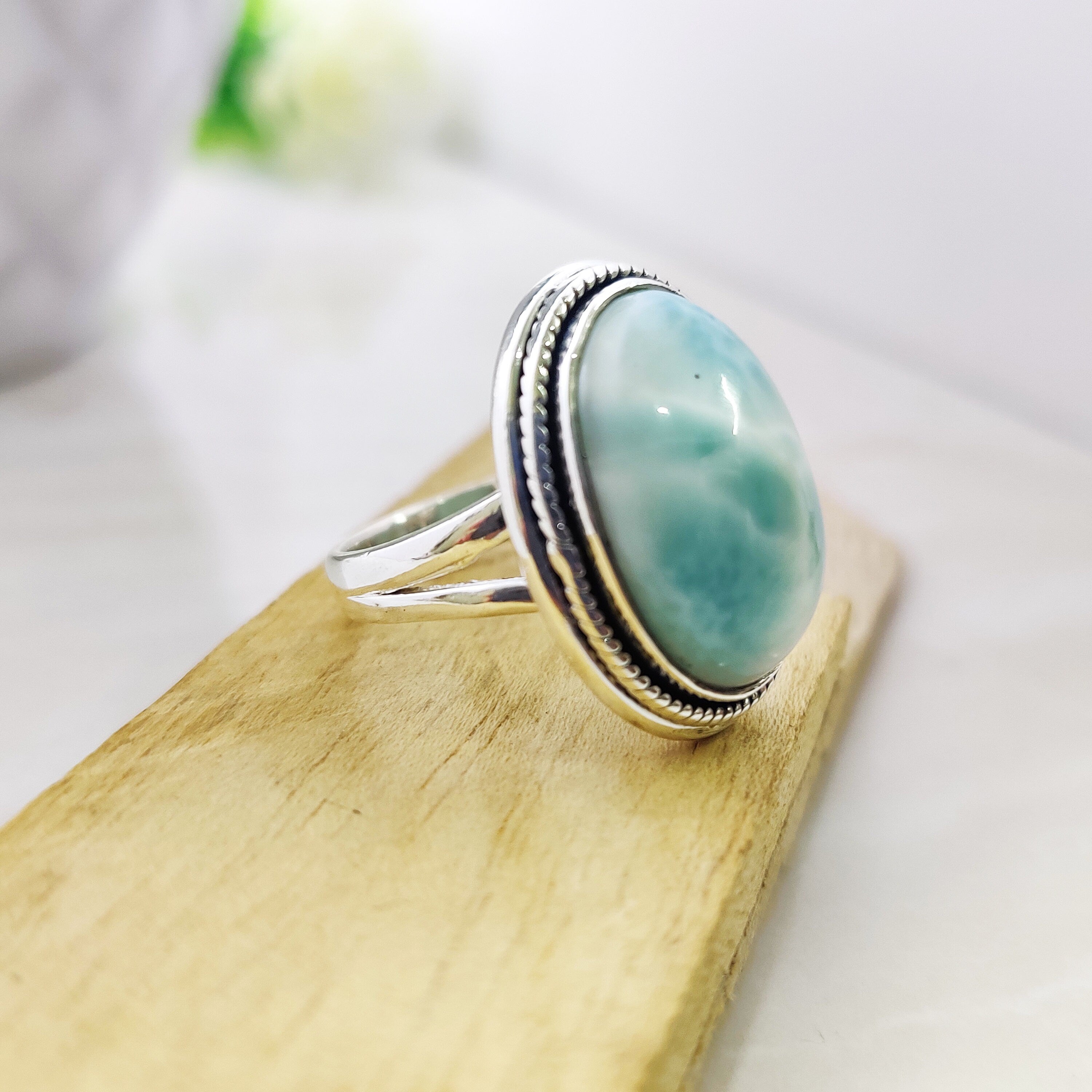 925 Sterling Silver RingNatural Larimar Oval Ring Boho Ring Ring Size 5, Oval Cabochon Ring, Engagement, Anniversary, Mom Gift