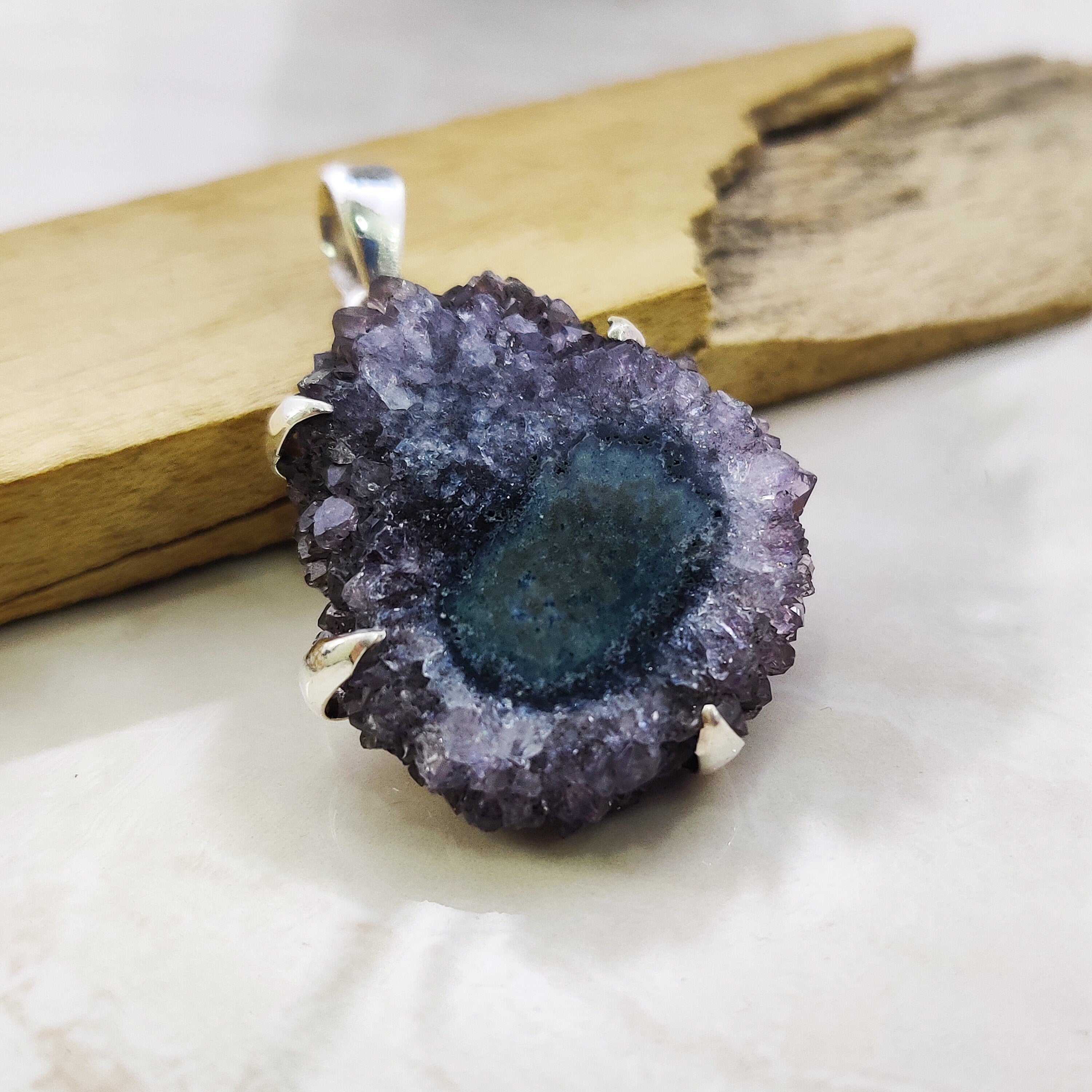 Natural Amethyst Solor Druzy Raw Stone Sterling Silver  Boho  Pendant, Solar Quartz Pendant, Solar Quartz Pendant, female birth day.