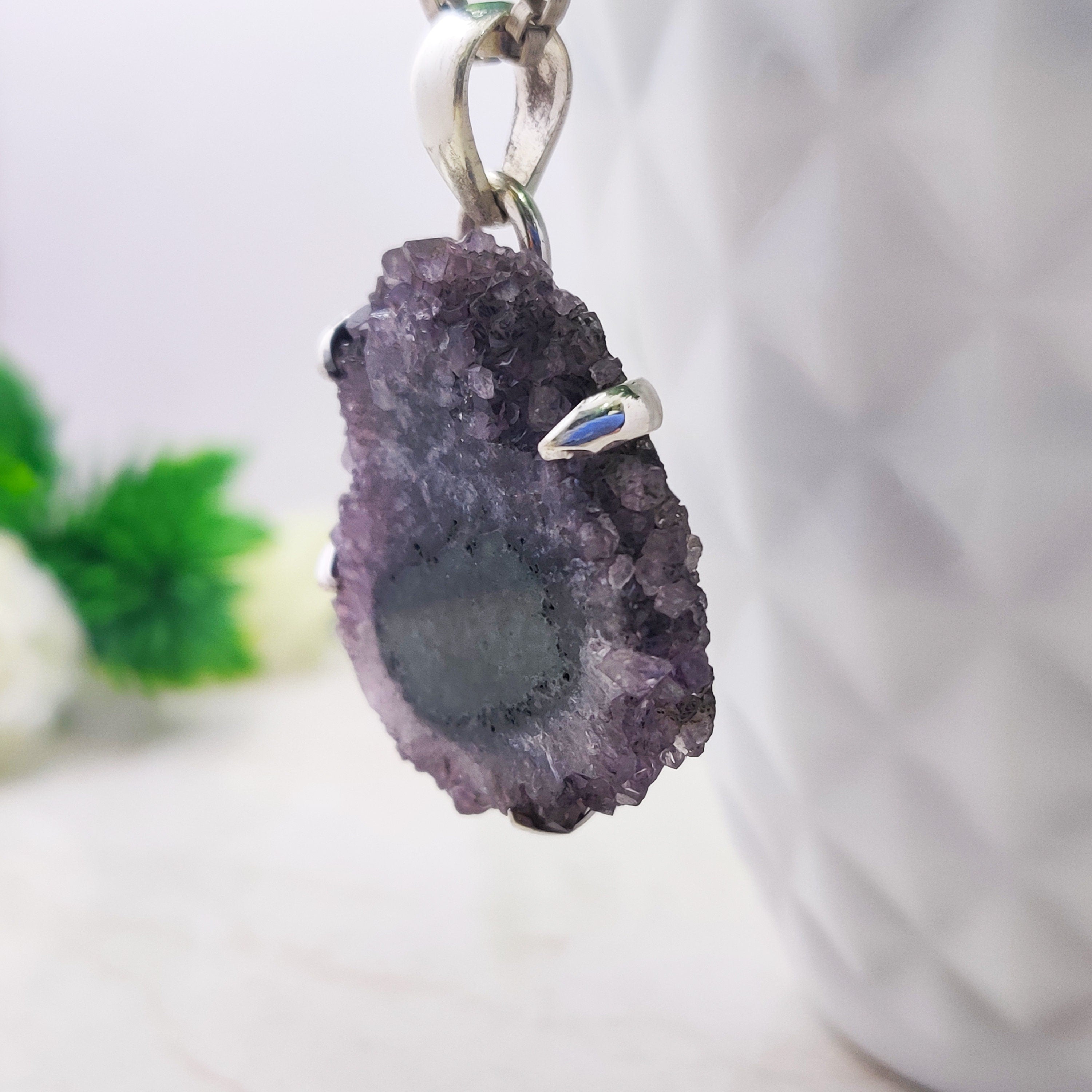 Natural Amethyst Solor Druzy Raw Stone Sterling Silver  Boho  Pendant, Solar Quartz Pendant, Solar Quartz Pendant, female birth day.